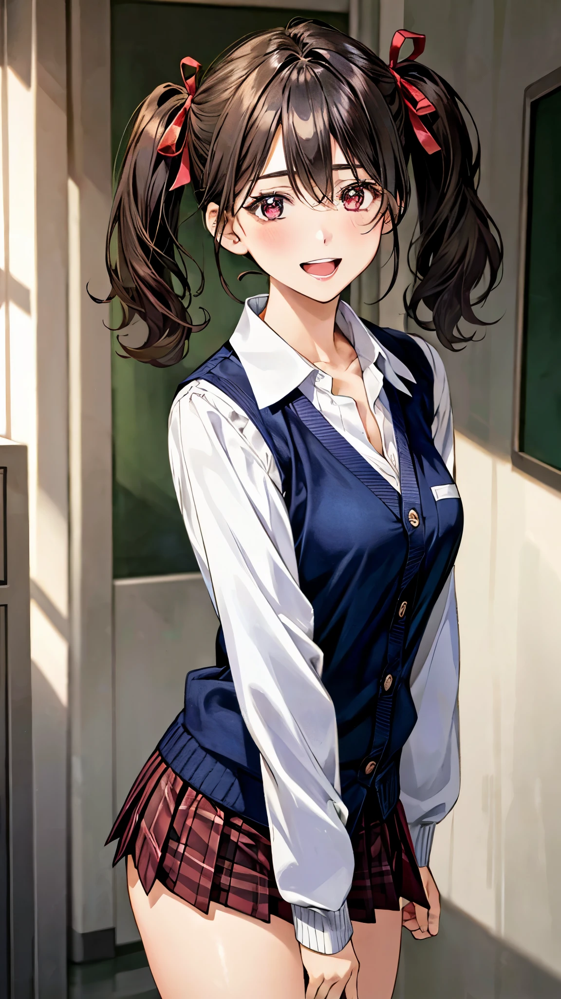 (masterpiece:1.3, top-quality, ultra high res, ultra detailed), (realistic, photorealistic:1.4), beautiful illustration, perfect lighting, natural lighting, colorful, depth of fields,
beautiful detailed hair, beautiful detailed face, beautiful detailed eyes, beautiful clavicle, beautiful body, beautiful chest, beautiful thigh, beautiful legs, beautiful fingers,
looking at viewer, front view:0.6. 1 girl, japanese, high school girl, perfect face, (perfect anatomy, anatomically correct), cute and symmetrical face, face, , shiny skin,
(short hair:1.7, twintails:1.6, dark blue hair), hair between eyes, brown eyes, long eye lasher, (medium breasts), slender,
(long sleeve navy cardigan with white line, closed cardigan), (collared white shirt, dark red plaid pleated skirt, dark red neck ribbon), navy school socks,
(beautiful scenery), evening, (school hallway), standing, (hand in hair), (lovely smile, upper eyes, open mouth),