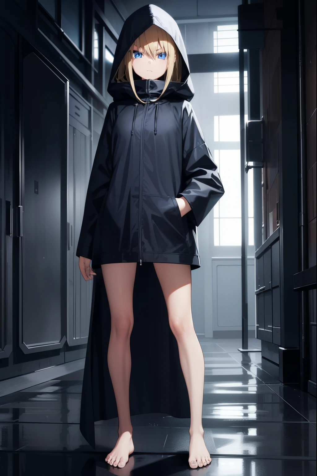 dark laboratory,1 girl,blonde,put on a hood,blue eyes,wearing a long black raincoat,barefoot,serious face,Are standing
