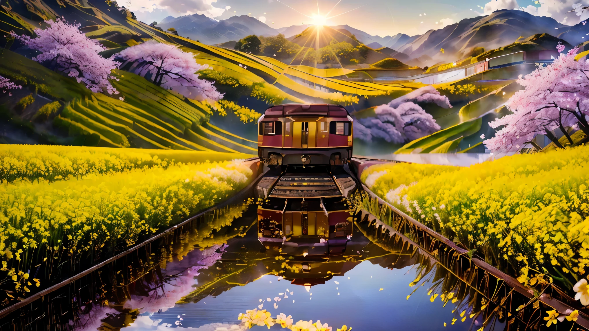 (best quality, 4K, High resolution, masterpiece: 1.2), (((The train runs near rapeseed flowers and cherry blossoms, The scenery reflected in the rice fields)))、soft natural light, The beauty of reflected light、The scenery is reflected in a mirror, , touching, bright colors, Warm and inviting color palette, Blades of grass swaying in the breeze, Peace、Calm environment.