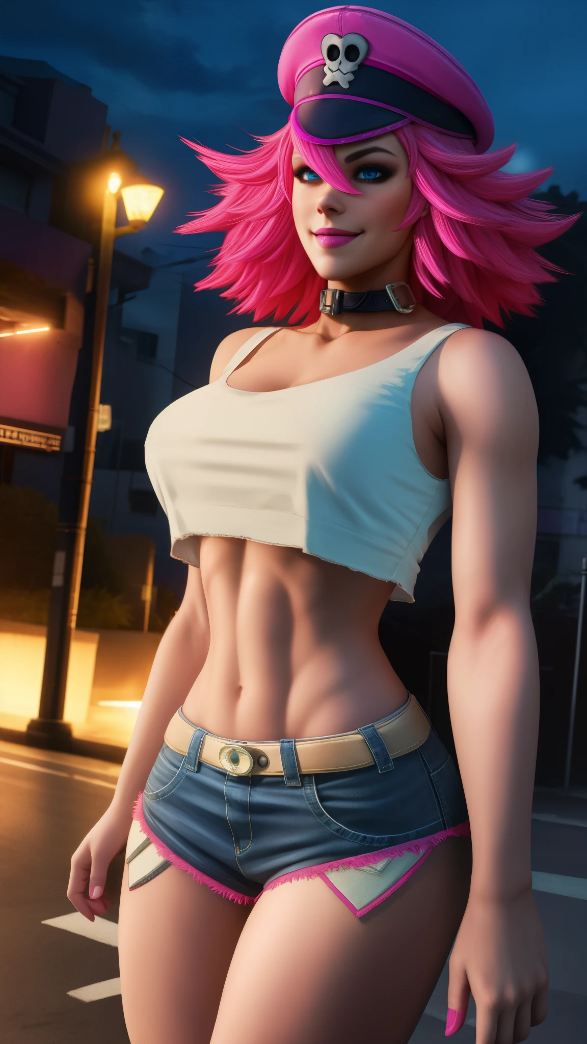 poison,pink hair,blue eyes,short hair,white crop top,single elbow glove,collar,short shorts,
 peaked cap, 
upper body,standing,smile,looking at viewer,
night,neon lights, streets,
(insanely detailed, masterpiece, best quality),solo,