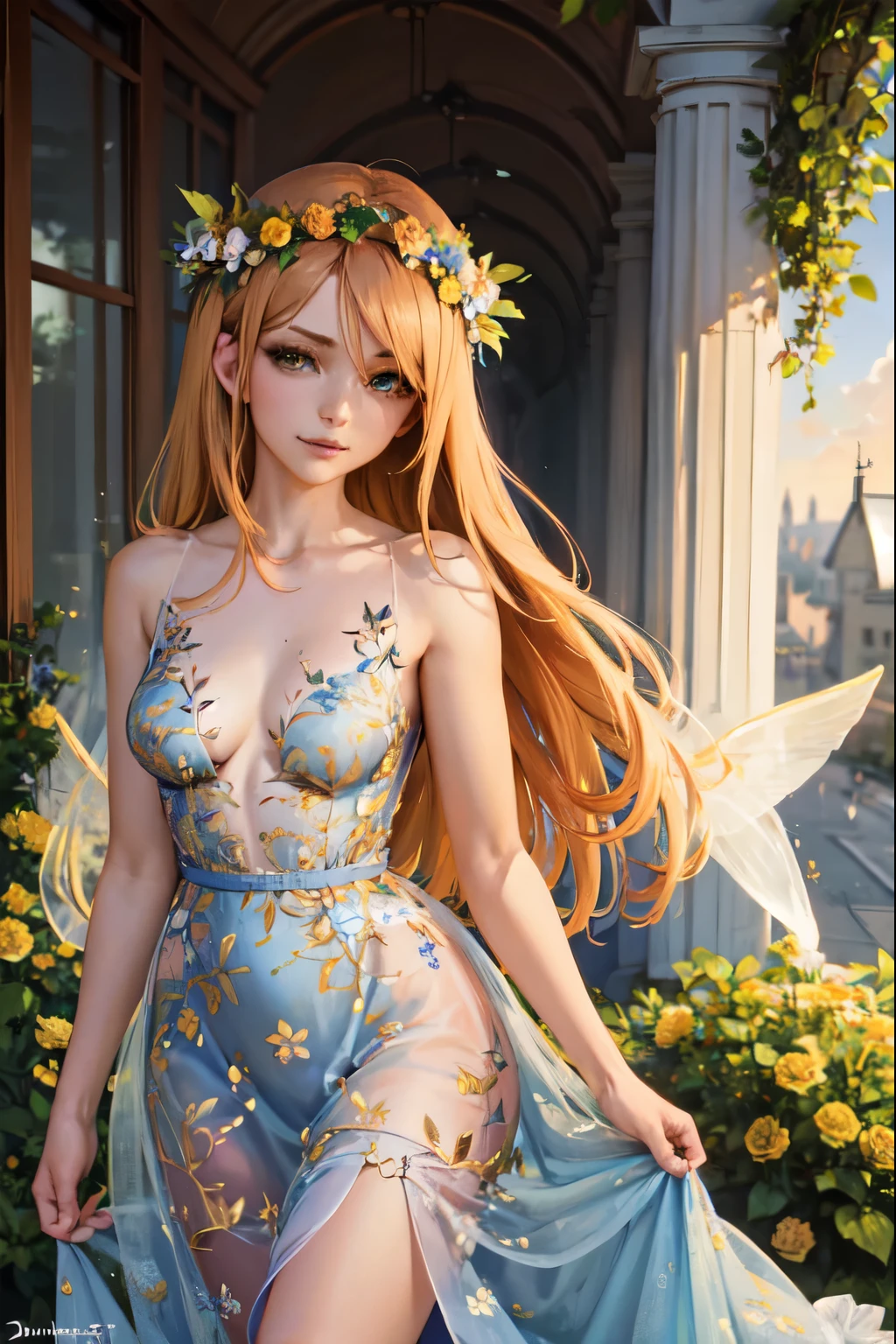 anime style, cartoon, brown golden hair woman, she smiles slightly, girl in a blue dress with wings and flowers, stunning young ethereal figure, Angel girl, girl with angel wings, portrait of a fairy princess, Winged angel girl, wreath of flowers on her head, looking at the viewer, hoop wreath of yellow roses, there is an ornament of spikelets on a blue dress, outside, sunny day, hentai, , almost naked, nipple breasts, see-through, outdoors, sunny day