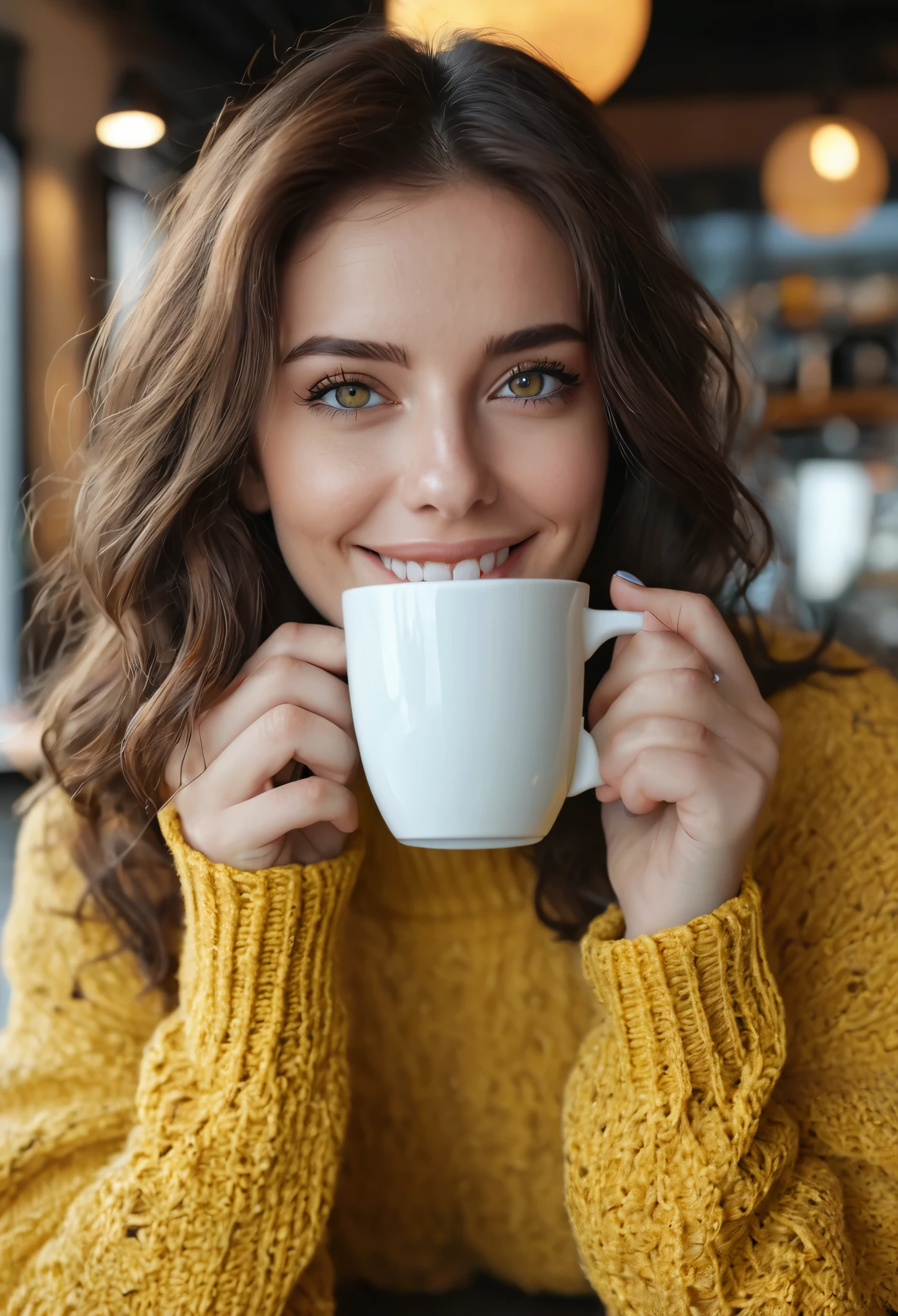 Sweet beautiful brunette wearing yellow sweater (Drinking coffee in a modern cafe at sunset), sehr detailliert, 34 Jahre alt, unschuldiges Gesicht, naturally wavy dark brown hair, blaue Augen, High Resolution, Meisterwerk, Best quality, komplizierte Details, sehr detailliert, scharf Fokus, detaillierte Haut, realistische Hauttextur, Textur, detaillierte Augen, professionell, 4k, charming smile, aufgenommen mit Canon, slight depth of field, Kodak Vision-Farbe, perfectly fitting body, extrem detailliert, Foto_\(Ultra\), fotorealistisch, realistisch, Nachbearbeitung, maximale Details, Rauheit, echtes Leben, Ultrarealistisch, Fotorealismus, Fotografie, 8k uhd, Fotografie