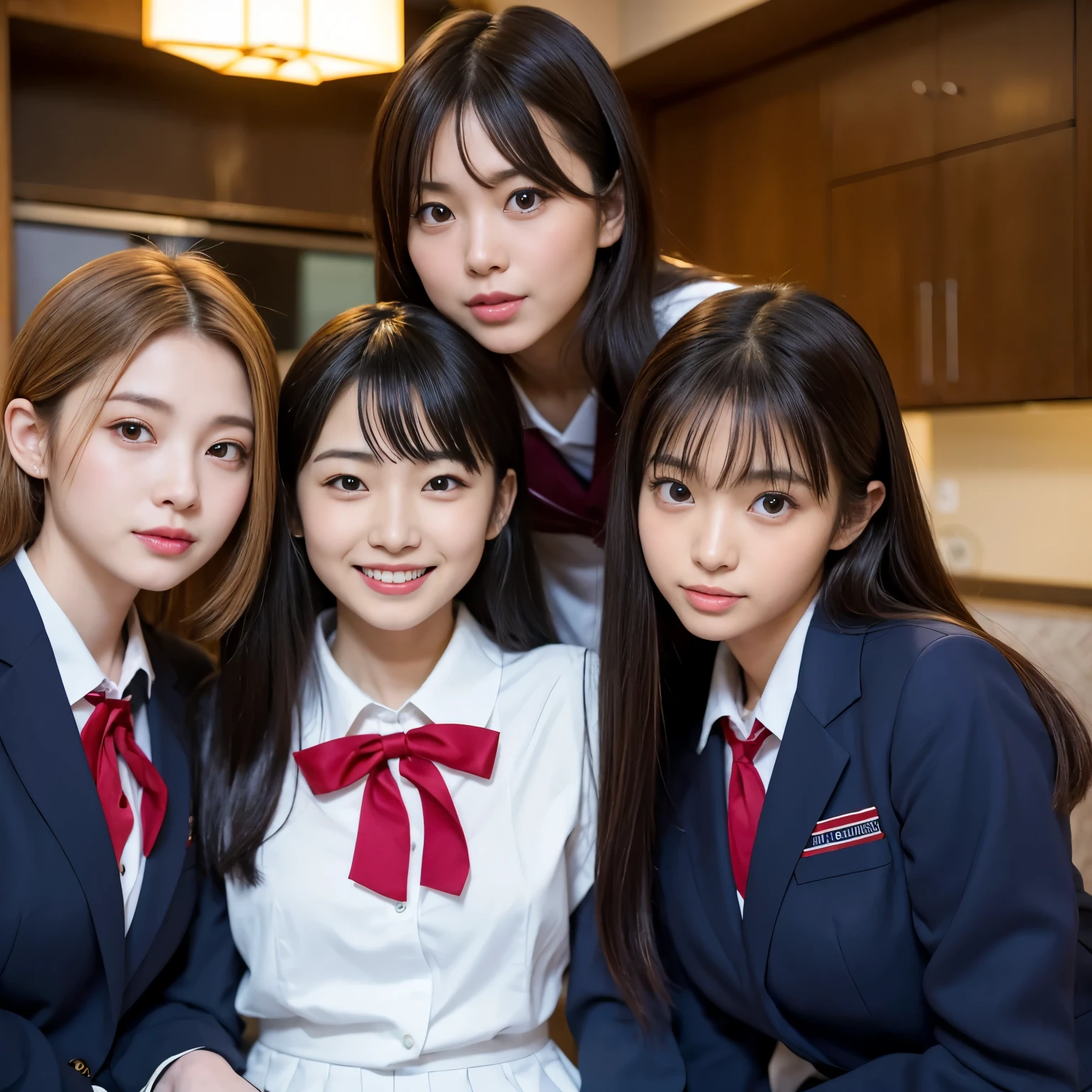 Best-quality, Masterpiece, Ultra-High-Resolution, (Photorealistic:1.4), Raw-Photo, Extremely-Details, Perfect-Anatomies, (3-girls), 18-years-old and the most popular Japanese idol, 38-years-old and the most popular Japanese actress, 28-years-old and the most popular Japanese model, (all having a lot of fun at home-party), all sitting luxury-sofa, all different faces, extremely cute face like the most popular Japanese idol, extremely beautiful face like the most popular Japanese actress, extremely pretty face like the most popular Japanese model, all extremely beautiful eyes, all extremely beautiful and each different colored hair, all extremely beautiful skins, (((all wearing Japanese high-school uniform)))