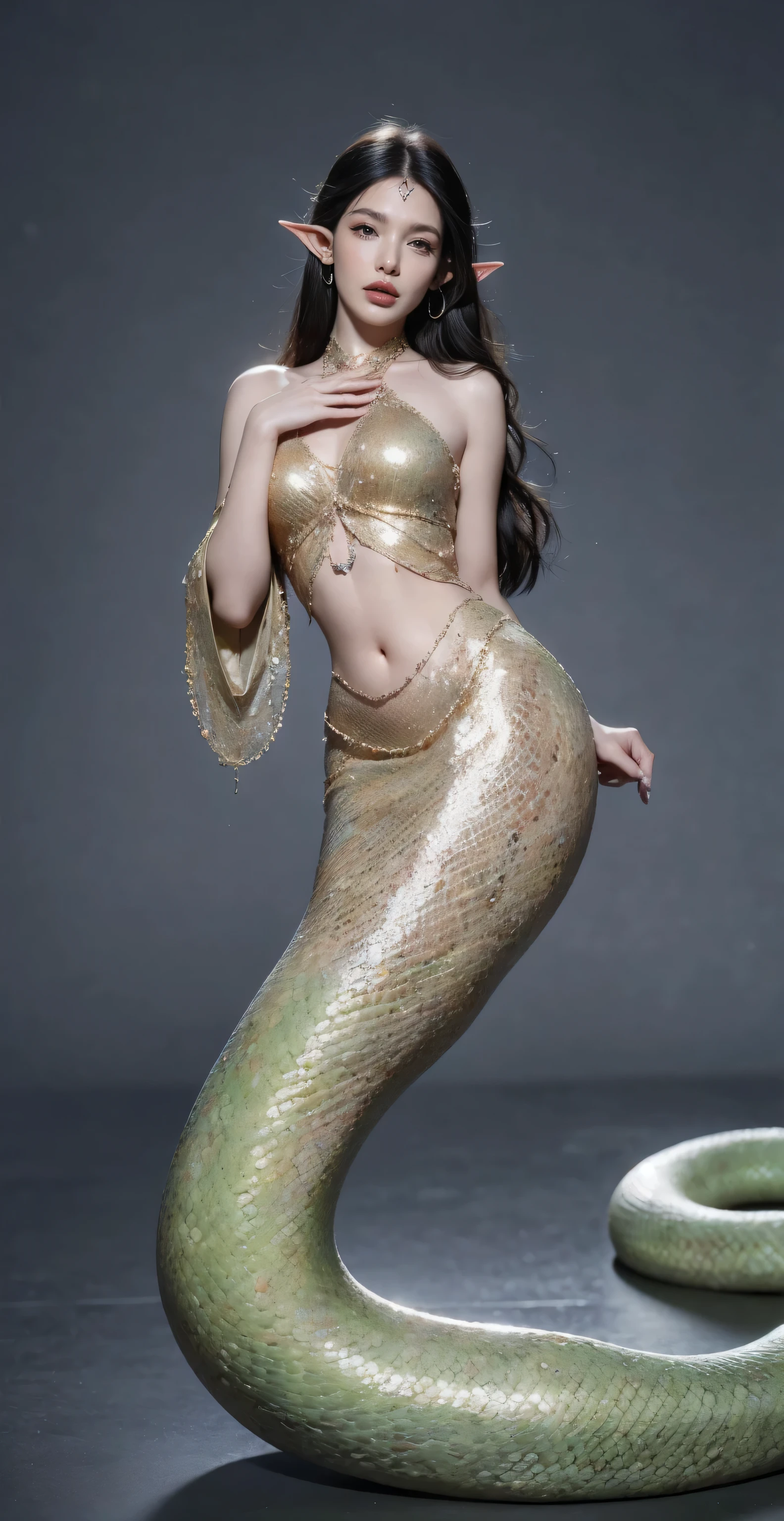 （（masterpiece，best quality，Ultra-clear，original photo，Extremely detailed CG，8K）），Lamia，（Slender snake tail：1.3），Beautiful elf girl，long black hair，exquisite eyes，Detailed face，Detailed hands，Smooth and delicate skin，skin glow，（Chest大腰细），Chest，navel，lower abdomen，beautiful snake scales，High resolution，（super detailed：1.4），（lifelike：1.2），imagine，full-body shot