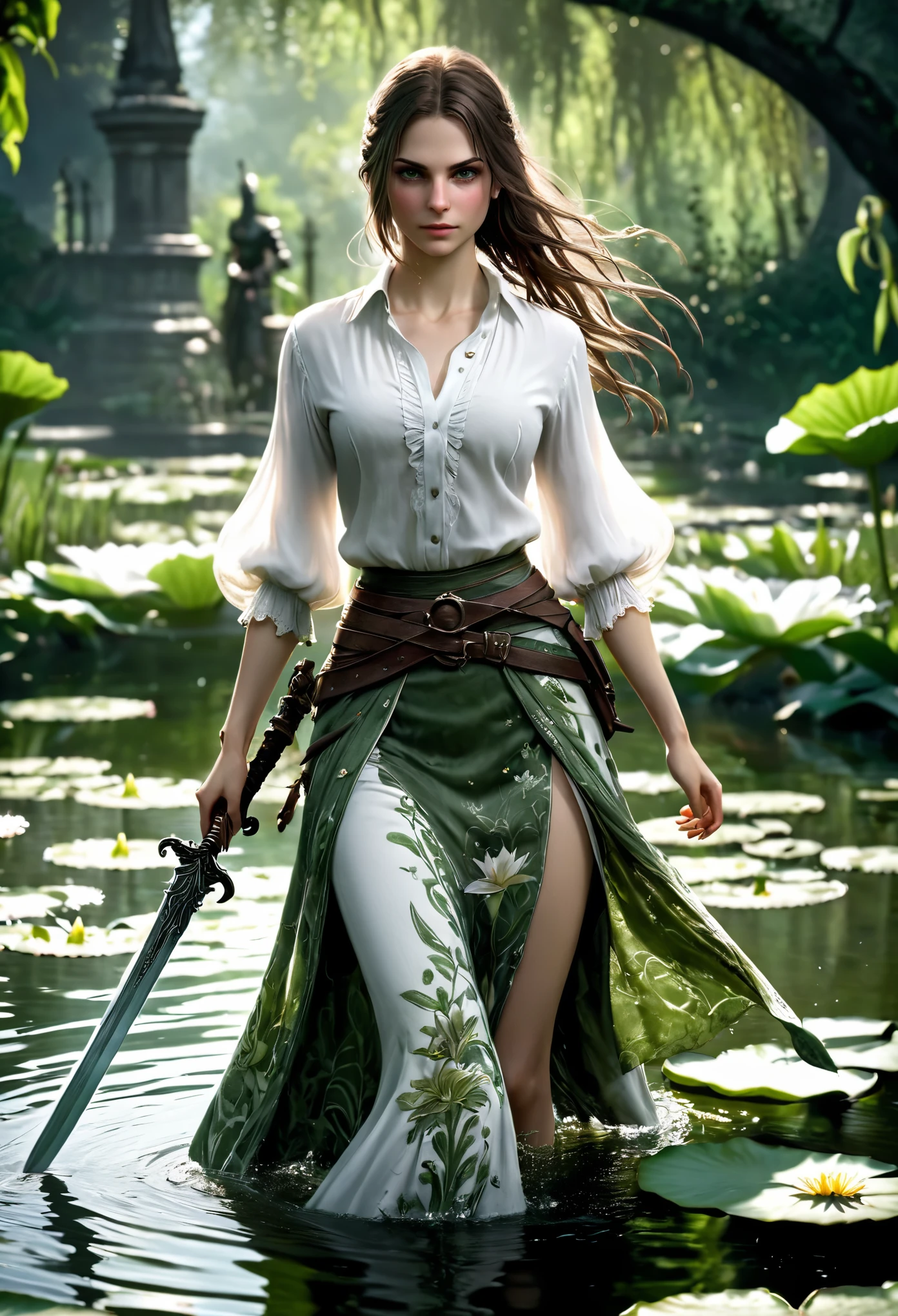 Bloodborne ~ Dark Souls 3 ~ Elden Ring ~ ultra detailed, A Gorgeous brunette, in white open shirt, green flowery pattern skirt, walking along a lively pond with lily pads. action pose holding a sword. blushing, teasing, Alluring. highly stylized. depth of field, bokeh effect, backlit, stylish, elegant, breathtaking, visually rich, masterpiece full body shot.