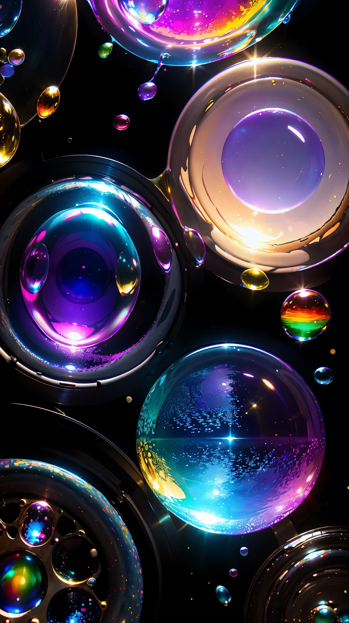 (highest quality、real)、Colorful reflections of light from soap bubbles、thin film interference、Beautiful bright colors、translucent shimmering surface、highly detailed bubbles、unique optical effects、Iridescent glow、Captivating patterns、Gorgeous light reflection and refraction、diverse color spectrum、ethereal and fantastic atmosphere、studio lighting、macro photography