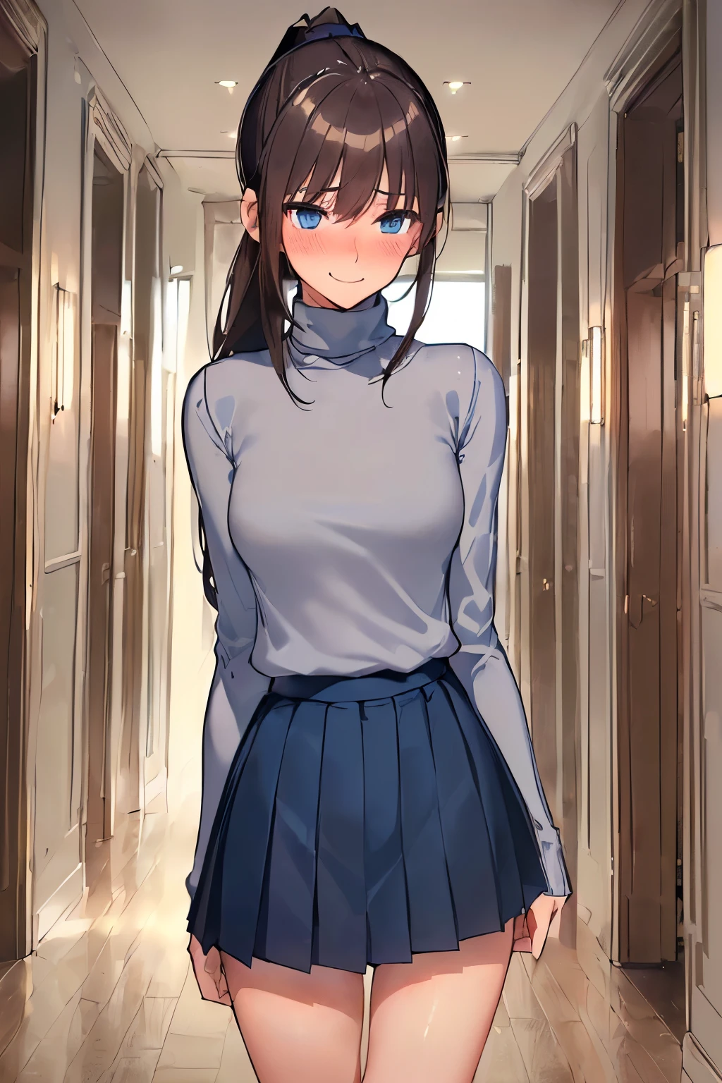 ((best quality)), ((masterpiece)), (detailed), (((perfect face))), ((slender 16yo teenage girl walking)), (((wearing light grey turtleneck pullover, dark blue pleated skirt))), ((brunette, brown hair)), ((ponytail)), (((blue eyes))), ((shy:1.3)), ((blushing:1.5)), (((smile))) ((skinny thighs)), ((skinny hips)), (((girl looking away))), (((fancy corridor))), (((shy arms))), (((bare legs))), (((bare thighs)))