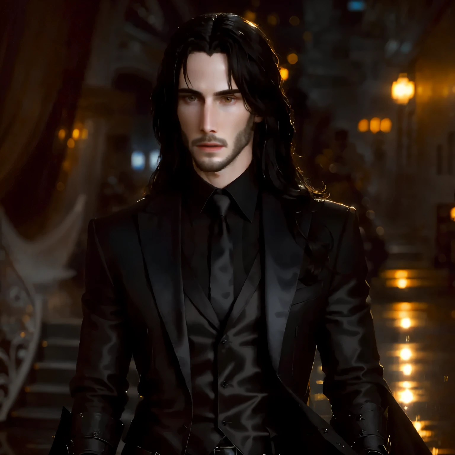 masterpiece, highest quality, (solo focus), (perfect face:1.1), (high detail:1.1),dramatic, 1guy, (pale skin), long black hair, yellow eyes, [light eyebrows], solo, long hair, moon, night, white luxury suit, covered navel, pouty lips, covered, futuristic city, detailed background, art by artgerm and greg rutkowski, cinematic lighting, roses, fashion, BalenciagaStyle