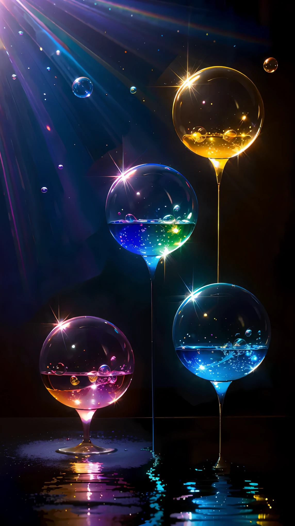(highest quality、real)、Colorful reflections of light from soap bubbles、thin film interference、Beautiful bright colors、translucent shimmering surface、highly detailed bubbles、unique optical effects、Iridescent glow、Captivating patterns、Gorgeous light reflection and refraction、diverse color spectrum、ethereal and fantastic atmosphere、studio lighting、macro photography