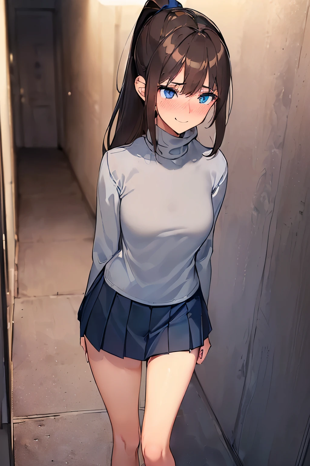 ((best quality)), ((masterpiece)), (detailed), (((perfect face))), ((slender 16yo teenage girl walking)), (((wearing light grey turtleneck pullover, dark blue pleated skirt))), ((brunette, brown hair)), ((ponytail)), (((blue eyes))), ((shy:1.3)), ((blushing:1.5)), (((smile))) ((skinny thighs)), ((skinny hips)), (((girl looking away))), (((fancy corridor))), (((shy arms))), (((bare legs))), (((bare thighs)))