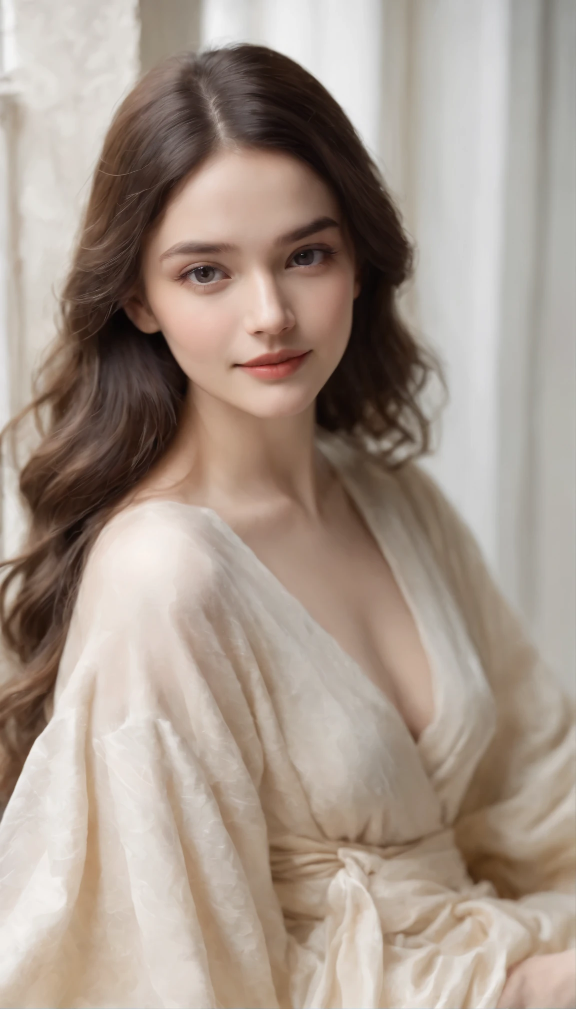 ((Watercolor painting by Singer Sargent)) 、(highest quality、masterpiece)、(david hamilton style)、(soft focus)、soft light、21-year-old beauty, dark brown hair、long wavy hair、(look up)、(looking at the viewer)、 Smiling happy woman, (Wear a loose robe)、robe: 流れる女神コスチュームrobe、(nostalgia)、