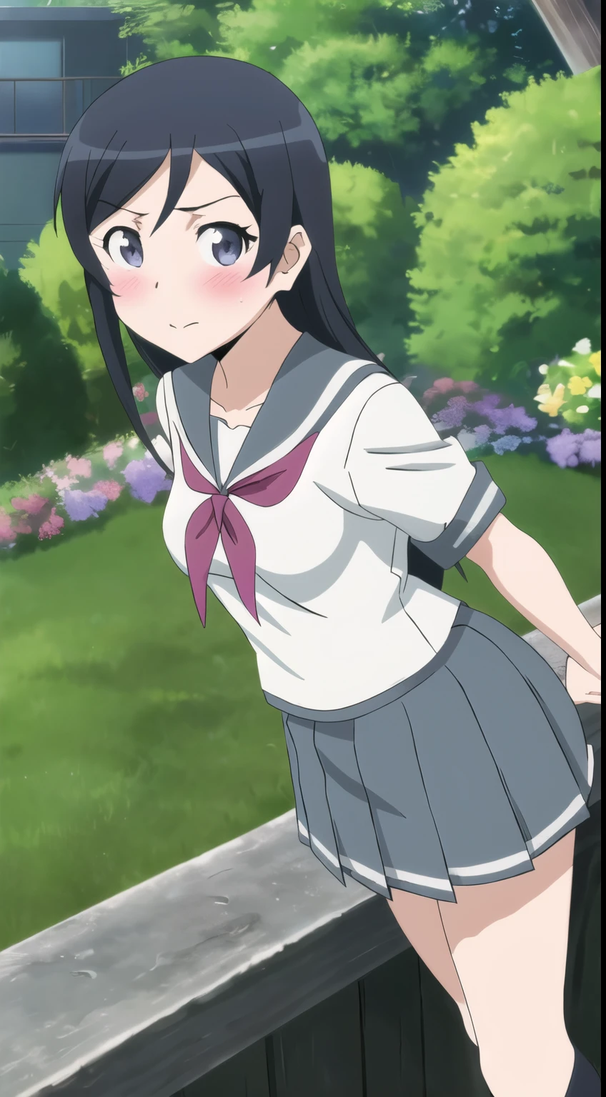 masterpiece, highest quality, disorganized,1 girl,outdoor Oreimo_aragaki ayase,blush,stylish angle,1 girl,outdoor ,medium breasts,,sailor suit, short sleeve,mini skirt,garden,looking at the viewer,stylish pose,