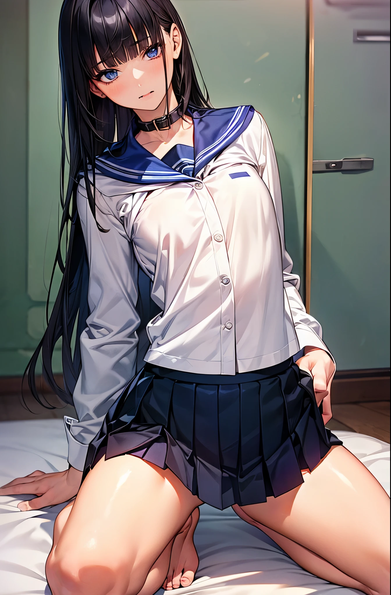 cute little、Amazing beautiful girl,female high-school student、 Anime style, 、、on the bed、A dark-haired、Straight hair、Glamour、Colossal tits、de pele branca、wide-open legs、red blush。 Best Quality , Textured skin、 high details, High quality,Semi-long hair、No shoes,I can see the belly button、nudde、fullnude,pubick hair、Black short socks、Pubic area、 hair、Open the crotch,、Tsurime,Anime-style eyes,Anime-style nose,Anime-style mouth、Turn your pubic area towards me、Lots of pubic hair、night lights、pov from down、white  shirt、Blue tie、 Gray cardigan,s asleep、Masturbating、I have my mouth wide open.Looks distressed,perspiring、Both eyes are closed、orgasm