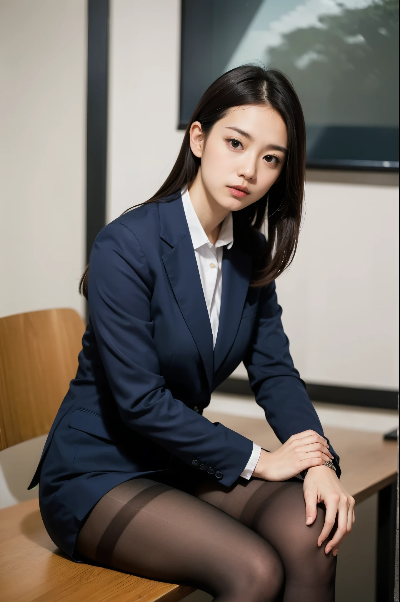 ulzzang-6500-v1.1, (Raw photo:1.2), (Photoreal), (genuine: 1.4), Office lady sitting cross-legged on the desk, wearing a strict suit, wearing a strict business suit, (super realistic pantyhose:1.3), ayami kojima amano, sakimichan, deayami kojima, reluvy5213, sakimichan HDRI, Yoshitomo Nara, Chiho, aoi ogata