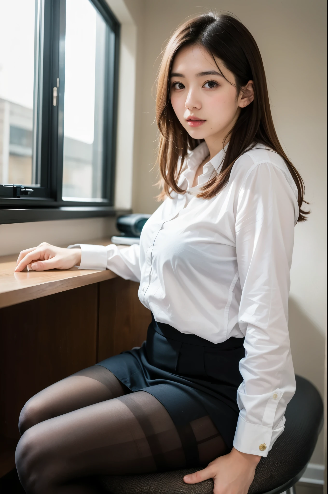 ulzzang-6500-v1.1, (Raw photo:1.2), (Photoreal), (genuine: 1.4), Office lady sitting cross-legged on the desk, wearing a strict suit, wearing a strict business suit, (super realistic pantyhose:1.3), ayami kojima amano, sakimichan, deayami kojima, reluvy5213, sakimichan HDRI, Yoshitomo Nara, Chiho, aoi ogata