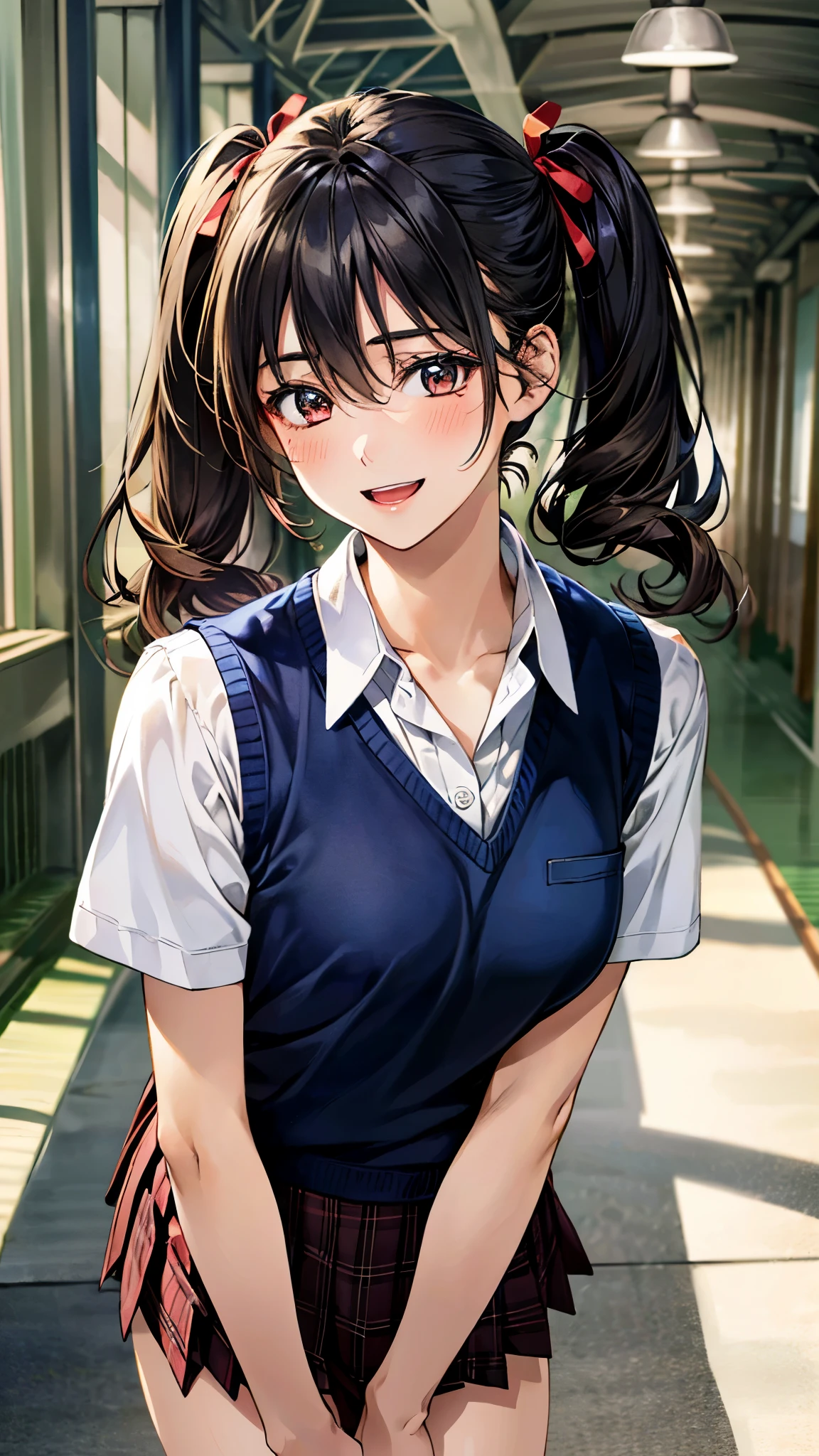 (masterpiece:1.3, top-quality, ultra high res, ultra detailed), (realistic, photorealistic:1.4), beautiful illustration, perfect lighting, natural lighting, colorful, depth of fields, 
beautiful detailed hair, beautiful detailed face, beautiful detailed eyes, beautiful clavicle, beautiful body, beautiful chest, beautiful thigh, beautiful legs, beautiful fingers, 
looking at viewer, front view:0.6. 1 girl, japanese, high school girl, perfect face, (perfect anatomy, anatomically correct), cute and symmetrical face, face, , shiny skin, 
(short hair:1.7, twintails:1.6, dark blue hair), hair between eyes, brown eyes, long eye lasher, (medium breasts), slender, 
(navy knit vest, collared white shirt, dark red plaid pleated skirt, dark red neck ribbon), navy school socks, 
(beautiful scenery), evening, (school hallway), standing, (hand in hair), (lovely smile, upper eyes, open mouth), 