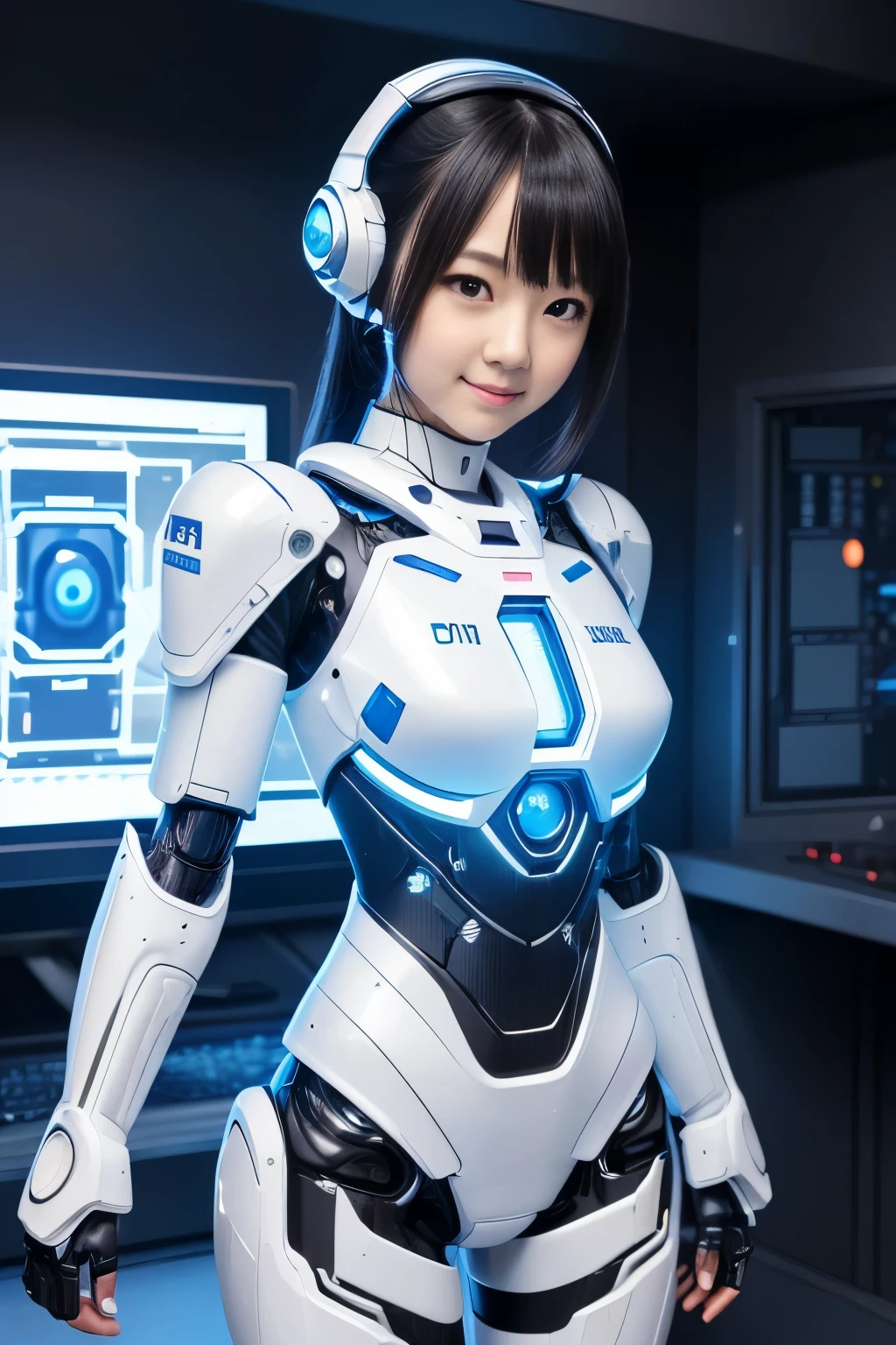 (highest quality, High resolution, masterpiece:1.2), Super detailed, realistic:1.37, (perfect anatomy),1 girl, actress, cowboy shot, Cute and beautiful Japanese girl&#39;s body,super cute face, (Modified into a cyber robot),standing posture,laughter,beautiful eyes,beautiful skin,,(Futuristic and cute white and light blue satin cyber robot suit), attractive idol makeup,tied black hair，cute pose,The background is the interior of the cyborg operating room and the monitor screen..