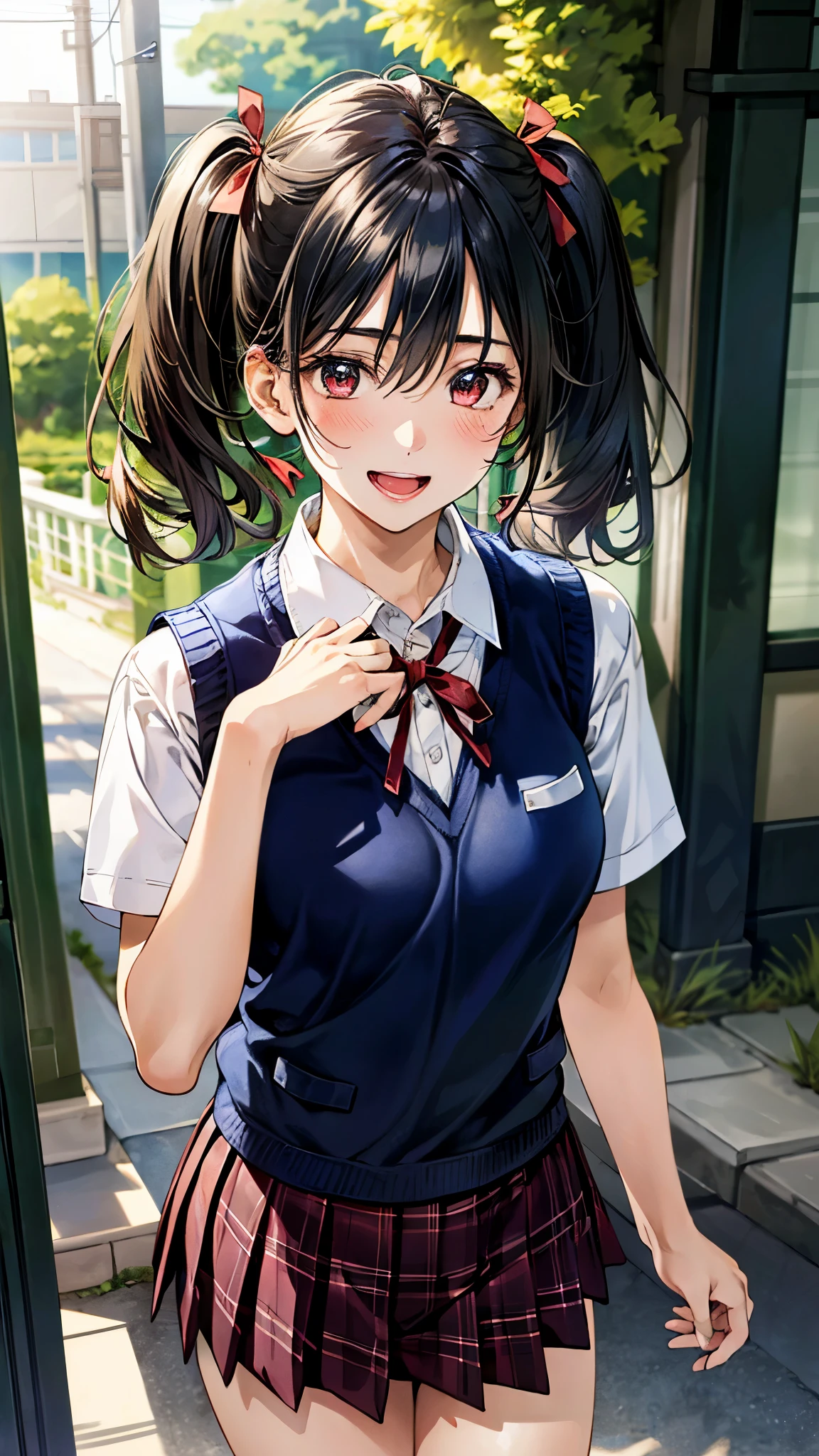(masterpiece:1.3, top-quality, ultra high res, ultra detailed), (realistic, photorealistic:1.4), beautiful illustration, perfect lighting, natural lighting, colorful, depth of fields,
beautiful detailed hair, beautiful detailed face, beautiful detailed eyes, beautiful clavicle, beautiful body, beautiful chest, beautiful thigh, beautiful legs, beautiful fingers,
looking at viewer, front view:0.6. 1 girl, japanese, high school girl, perfect face, (perfect anatomy, anatomically correct), cute and symmetrical face, babyface, , shiny skin,
(short hair:1.7, twintails:1.6, dark blue hair), hair between eyes, brown eyes, long eye lasher, (medium breasts), slender,
(navy knit vest, collared white shirt, dark red plaid pleated skirt, dark red neck ribbon), navy school socks,
(beautiful scenery), evening, (school hallway), standing, (hand in hair), (lovely smile, upper eyes, open mouth),