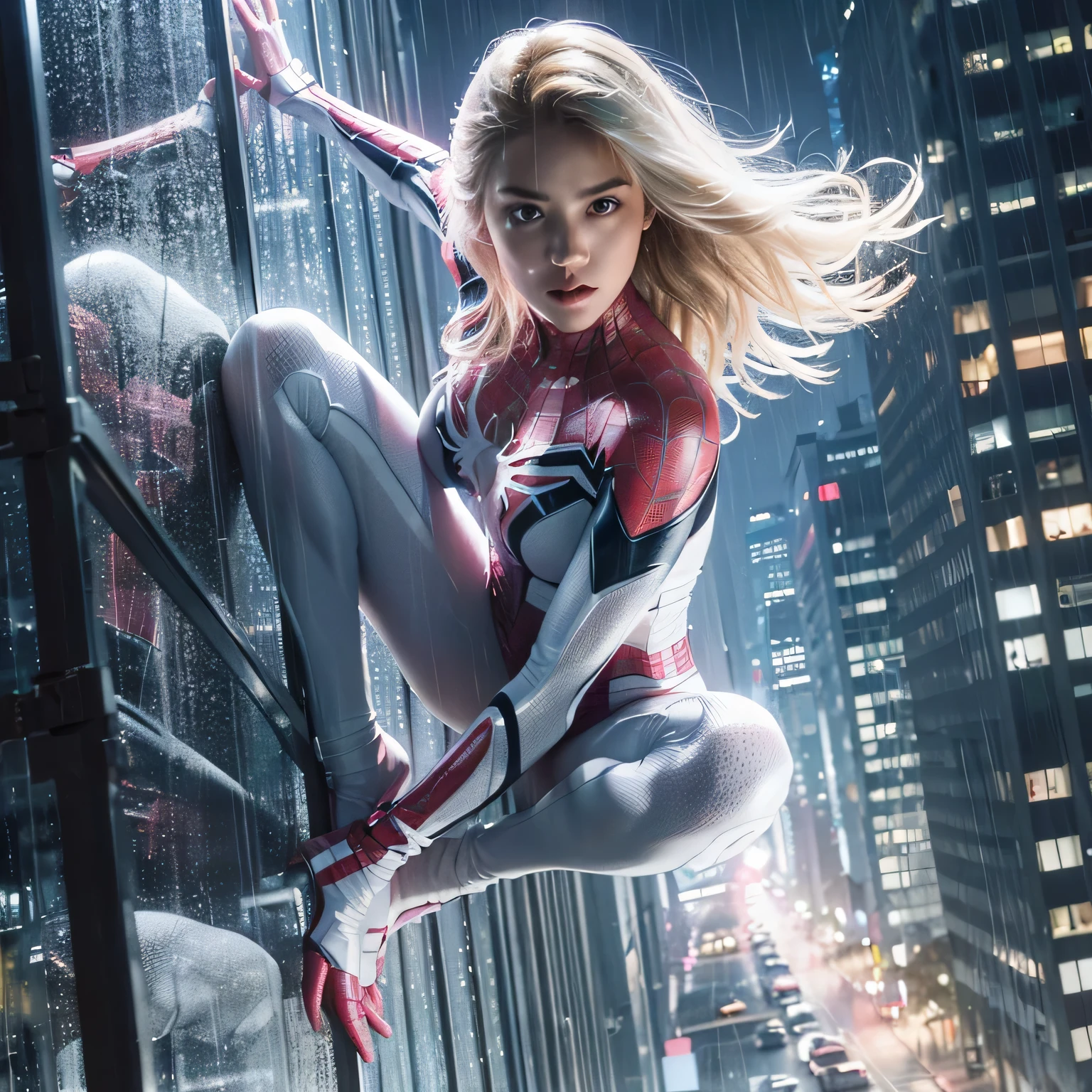 A cinematic photography real image of Spider-woman wearing white and pink suit , with detailed textures and lighting, scaling the side of a glass building with agility and precision , with the addition of blonde hair flowing and a beautifully detailed face, enhancing the character's aesthetic appeal amidst an urban backdrop. (( during night with rain and beuatiful city light ))