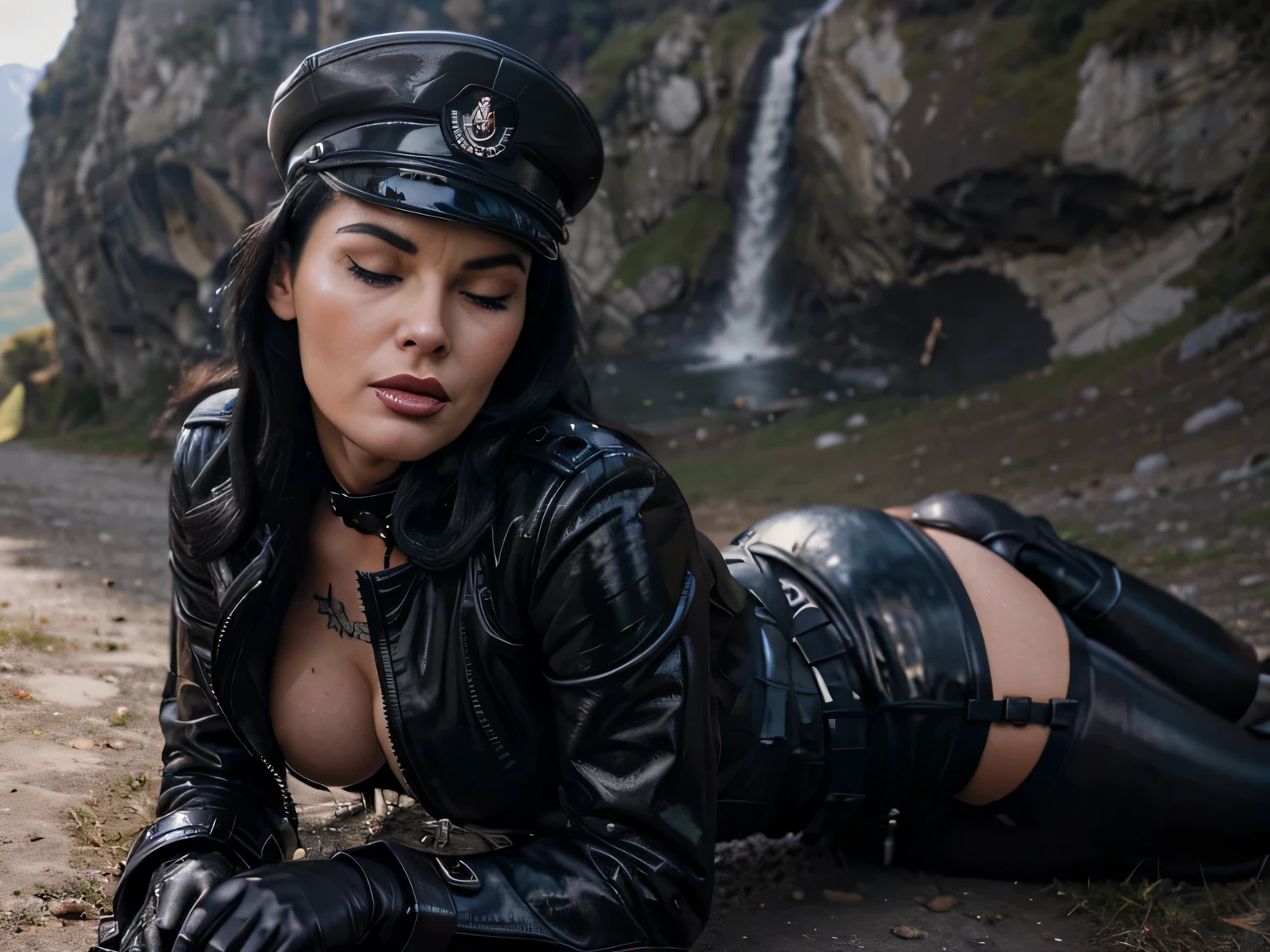 tattoed sweaty general official bettie page with eyes closed,moaning of desire, completly dressed with long covering invernal shiny leather coat german SS militay uniform and cap black cloth gloves,, on the endge of a montain , in front of a black man having sex, giving blowjobs, handjobs, the photo was taken from her side