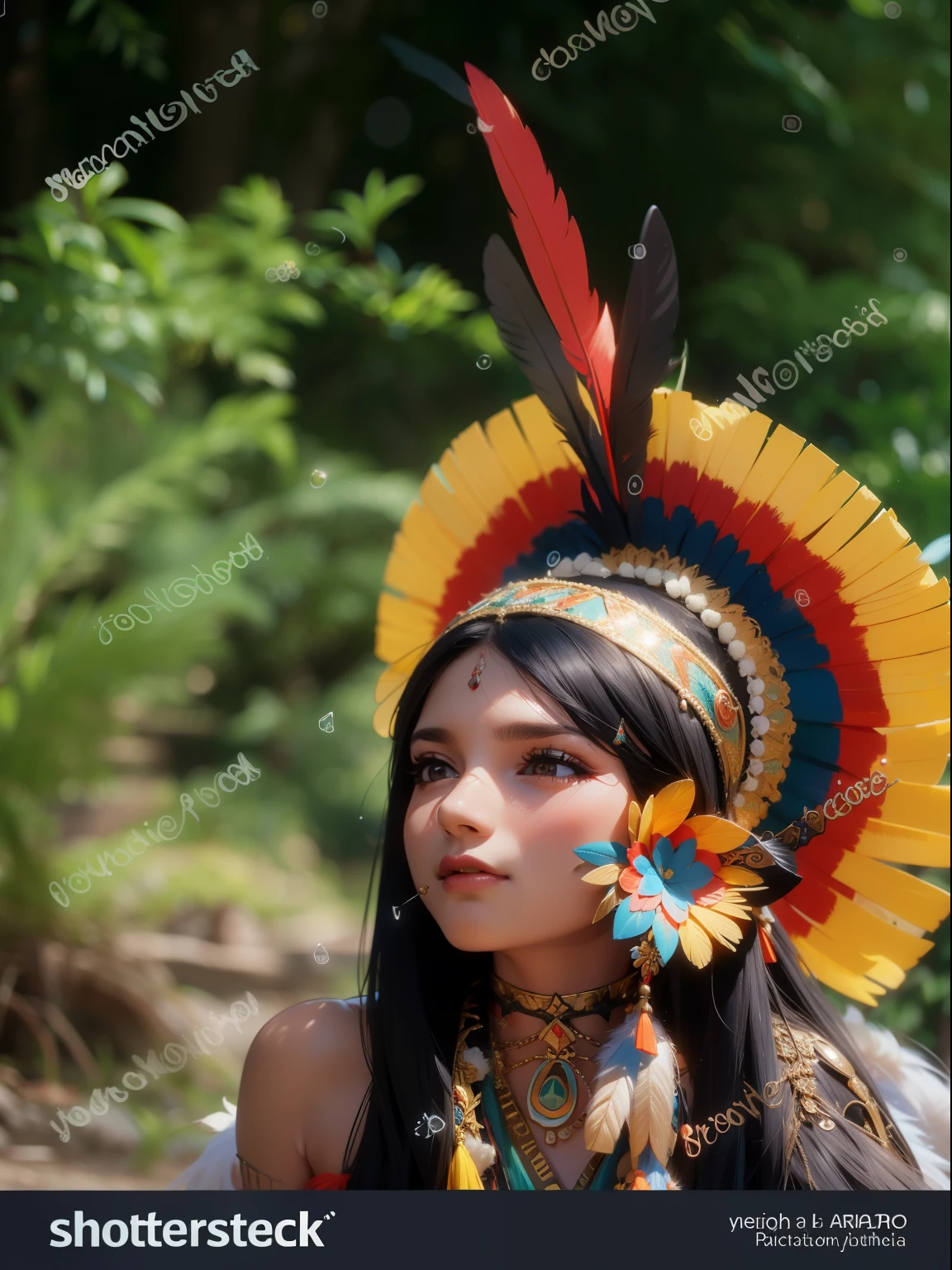a woman wearing a colorful cocar and feathers in a forest, povos indigenouss amazons no brasil, a young shaman, beleza tradicional, retrato de uma jovem pocahontas, Peruvian appearance, vestindo roupas inka, retrato de princesa asteca, authentic costume, indigenous, Traje tradicional, amazon, vestindo authentic costume, cocar, antiga libu jovem, vestido tradicional