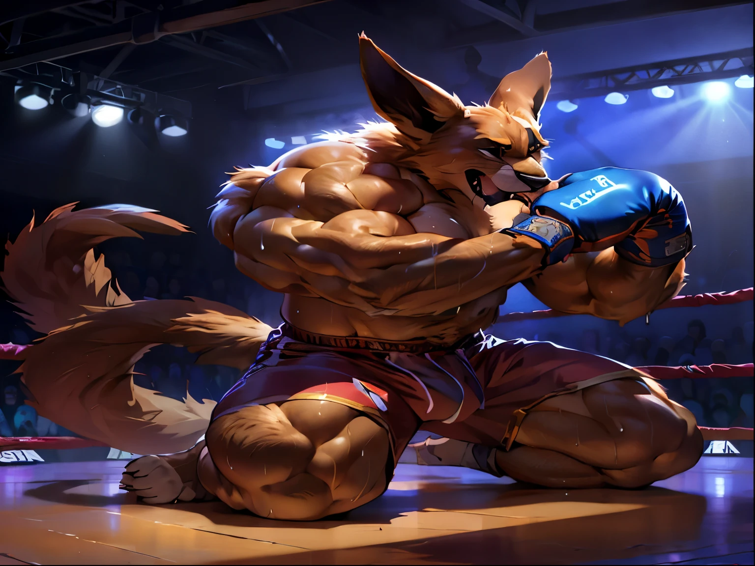 muscular anthro lora:kurama wearing boxing gloves. 4k, high resolution, best quality, perfect colors, perfect shadows, perfect lighting, posted on e621, furry body, solo, anthro kurama, body hair, older, male, adult, masculine, (heavily muscular, large muscles buff:1.2), bare torso, correct anatomy, (photorealistic fur, detailed fur, epic, masterpiece:1.2), (detailed gym background, nighttime), sexy shadows, (by Taran Fiddler, by Chunie, by Kusunagi, Bonifasko lighting), (boxing shorts:1.2), (detailed eyes:1.2), sweaty:1, sweat:1.2, shiny fur, large muscles, sexy, full body, boxing gloves, kneeling on floor, (sweat:1.4), open mouth, visible breath, exhausted, (arms lowered, arms down:1.1), getting a kick in the ball, pained expression, open muzzle