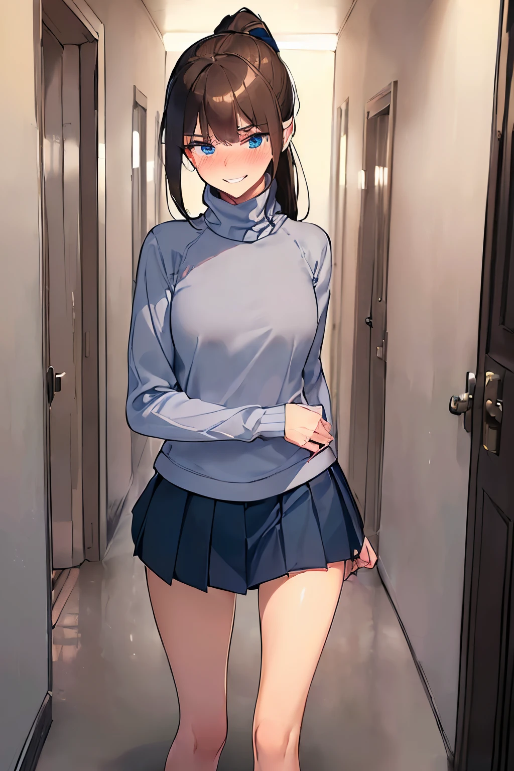 ((best quality)), ((masterpiece)), (detailed), (((perfect face))), ((slender 16yo teenage girl standing in fancy elevator)), (((wearing grey wool turtleneck pullover, short black cycling shorts))), ((brunette)), ((ponytail)), (((blue eyes))), ((shy:1.3)), ((blushing:1.5)), ((skinny thighs)), ((skinny hips)), (((girl looking away))), (((shy arms)))