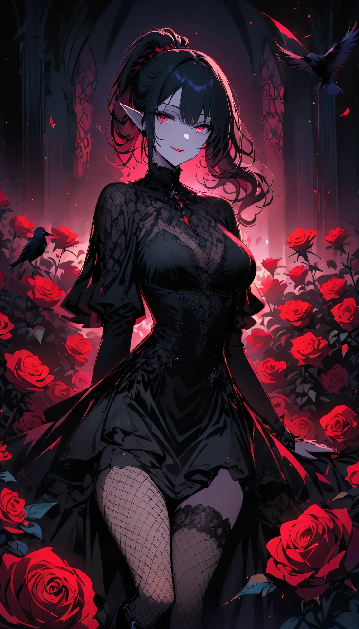 (dark atmosphere,Goethe fashion,bright colors),(best quality,Super exquisite,),Sexy goth elf girl,rose garden at night,beautiful and delicate eyes,Blue tip black straight ponytail,Crow feathers,red lipstick,mysterious smile,Pale complexion,Fishnet socks,black lace dress,Pointed-toe boots,mysterious aura,The moonlight reflects her elegant silhouette,Soft shadows and soft highlights,Contrasting colors create a vibrant atmosphere,Dark and moody color palette,Subtle yet dramatic lighting effects,Sublime darkness intertwined with exquisite moonlight