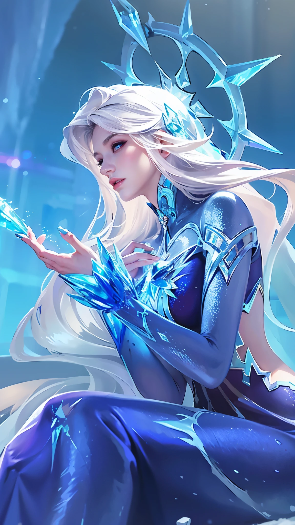 there is a woman in a blue dress sitting on a rock, ice sorceress, queen of ice and storm, ice mage, crystalline skin, ice queen, crystal maiden, beautiful ancient frost witch, ice spell, goddess of winter, extremely detailed artgerm, artgerm detailed, ig model | artgerm, artgerm. high detail