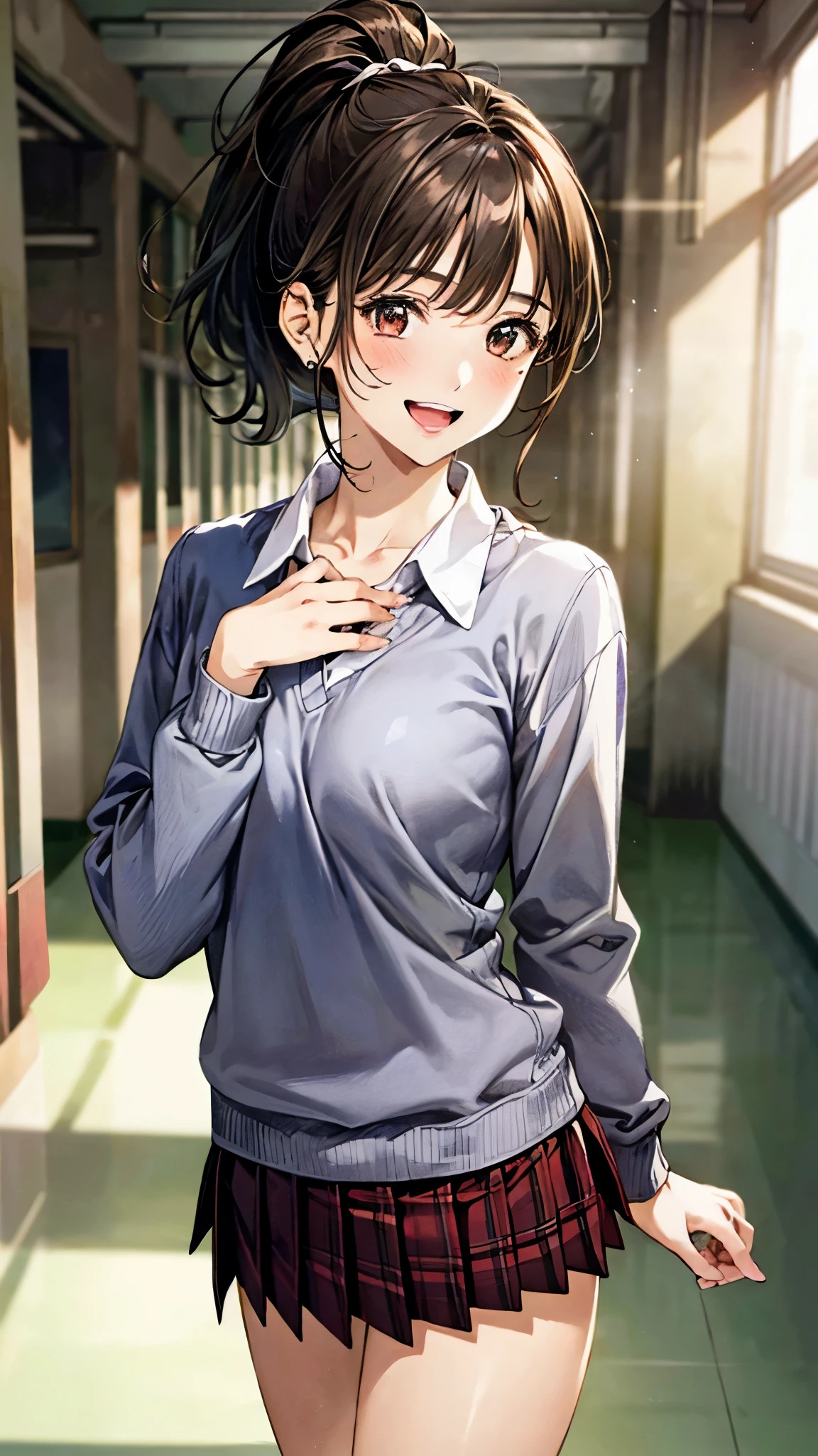 (masterpiece:1.3, top-quality, ultra high res, ultra detailed), (realistic, photorealistic:1.4), beautiful illustration, perfect lighting, natural lighting, colorful, depth of fields, 
beautiful detailed hair, beautiful detailed face, beautiful detailed eyes, beautiful clavicle, beautiful body, beautiful chest, beautiful thigh, beautiful legs, beautiful fingers, 
looking at viewer, front view:0.6. 1 girl, japanese, high school girl, perfect face, (perfect anatomy, anatomically correct), cute and symmetrical face, face, , shiny skin, 
(short hair:1.7, high ponytail:1.6, brown hair), crossed bangs, dark brown eyes, slant eyes, long eye lasher, (medium breasts), slender, 
(long sleeve navy sweater), (collared white shirt, dark red plaid pleated skirt, dark red neck ribbon), navy school socks, 
(beautiful scenery), evening, (school hallway), standing, (hand in hair), (happy smile, open mouth), 