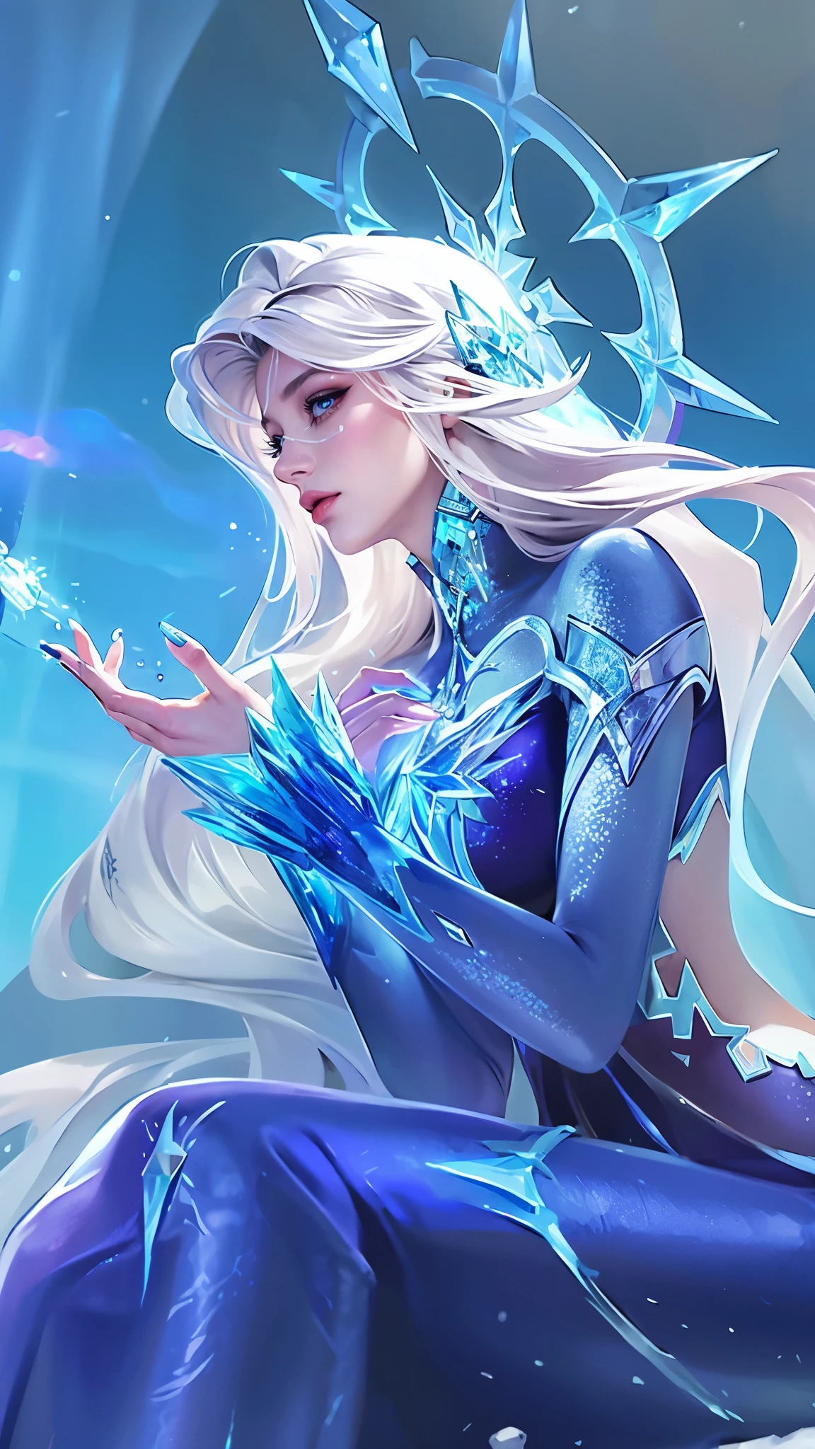 there is a woman in a blue dress sitting on a rock, ice sorceress, queen of ice and storm, ice mage, crystalline skin, ice queen, crystal maiden, beautiful ancient frost witch, ice spell, goddess of winter, extremely detailed artgerm, artgerm detailed, ig model | artgerm, artgerm. high detail