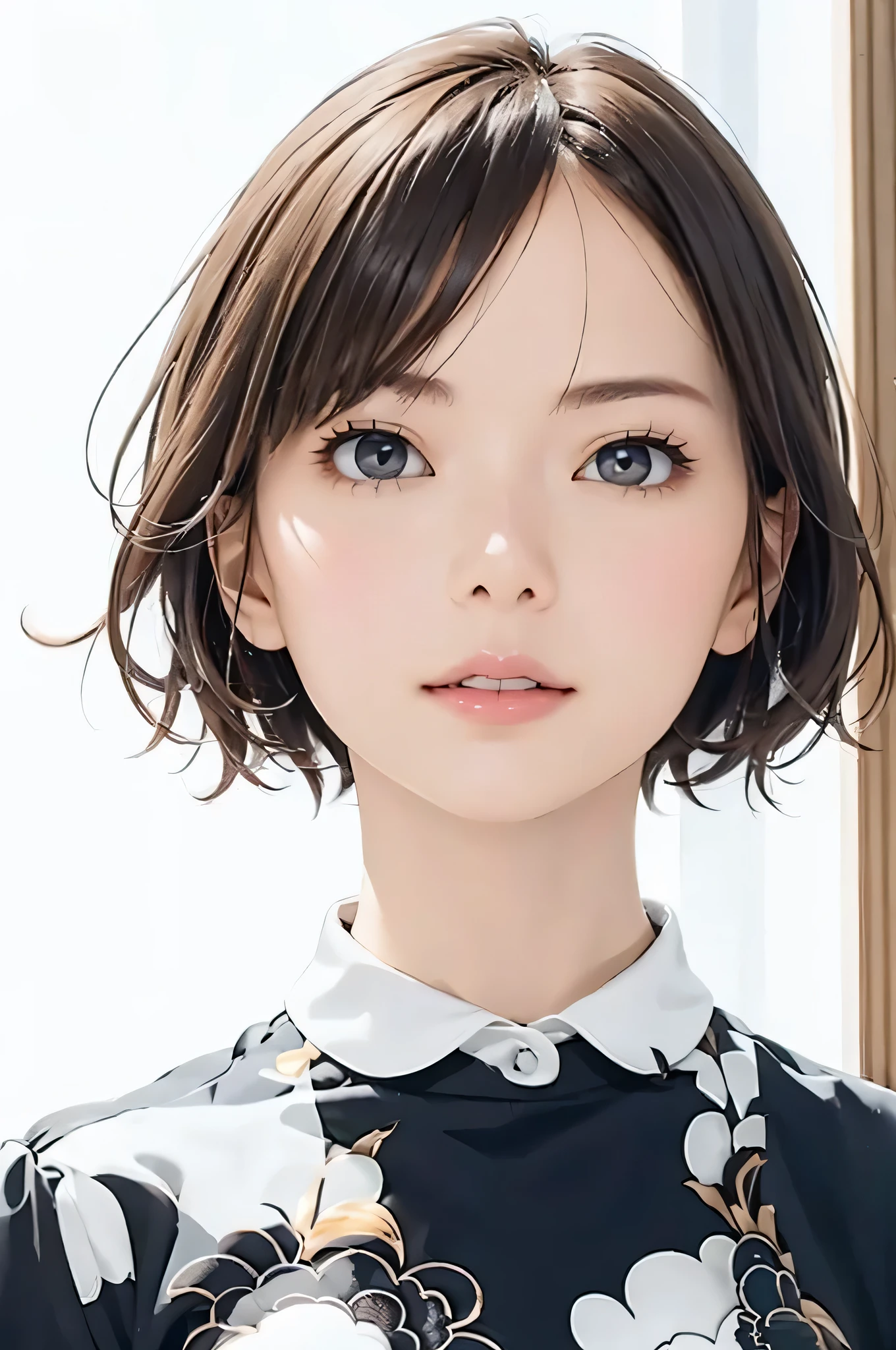 masterpiece、best image quality、Super fine、32K、look at the viewer、look straight ahead、luxury lace white blouse、short hair facing outside、light brown hair、46 points diagonal bang、highest quality、(real:1.4),ultra high resolution、 (thin and beautiful eyes:1.6)、Symmetrical、highly detailed face、perfect lighting、(perfect anatomy)、(white background:1)、hotgenic、best image quality、Characteristics of short hair、high quality、visual art、