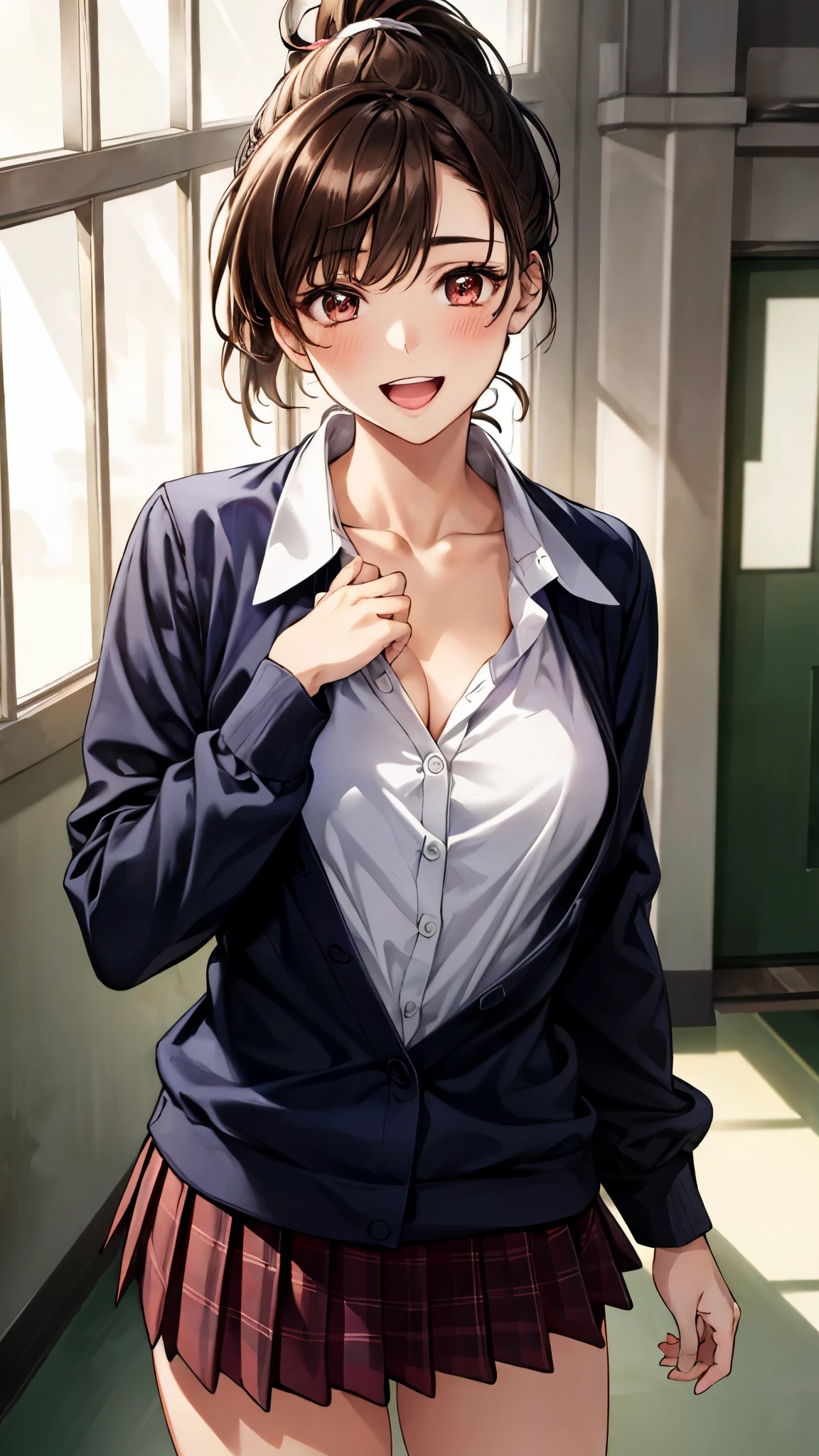 (masterpiece:1.3, top-quality, ultra high res, ultra detailed), (realistic, photorealistic:1.4), beautiful illustration, perfect lighting, natural lighting, colorful, depth of fields, 
beautiful detailed hair, beautiful detailed face, beautiful detailed eyes, beautiful clavicle, beautiful body, beautiful chest, beautiful thigh, beautiful legs, beautiful fingers, 
looking at viewer, front view:0.6. 1 girl, japanese, high school girl, perfect face, (perfect anatomy, anatomically correct), cute and symmetrical face, babyface, , shiny skin, 
(short hair:1.7, high ponytail:1.6, brown hair), crossed bangs, dark brown eyes, slant eyes, long eye lasher, (medium breasts), slender, 
(long sleeve navy sweater), (collared white shirt, dark red plaid pleated skirt, dark red neck ribbon), navy school socks, 
(beautiful scenery), evening, (school hallway), standing, (hand in hair), (lovely smile, upper eyes, open mouth),