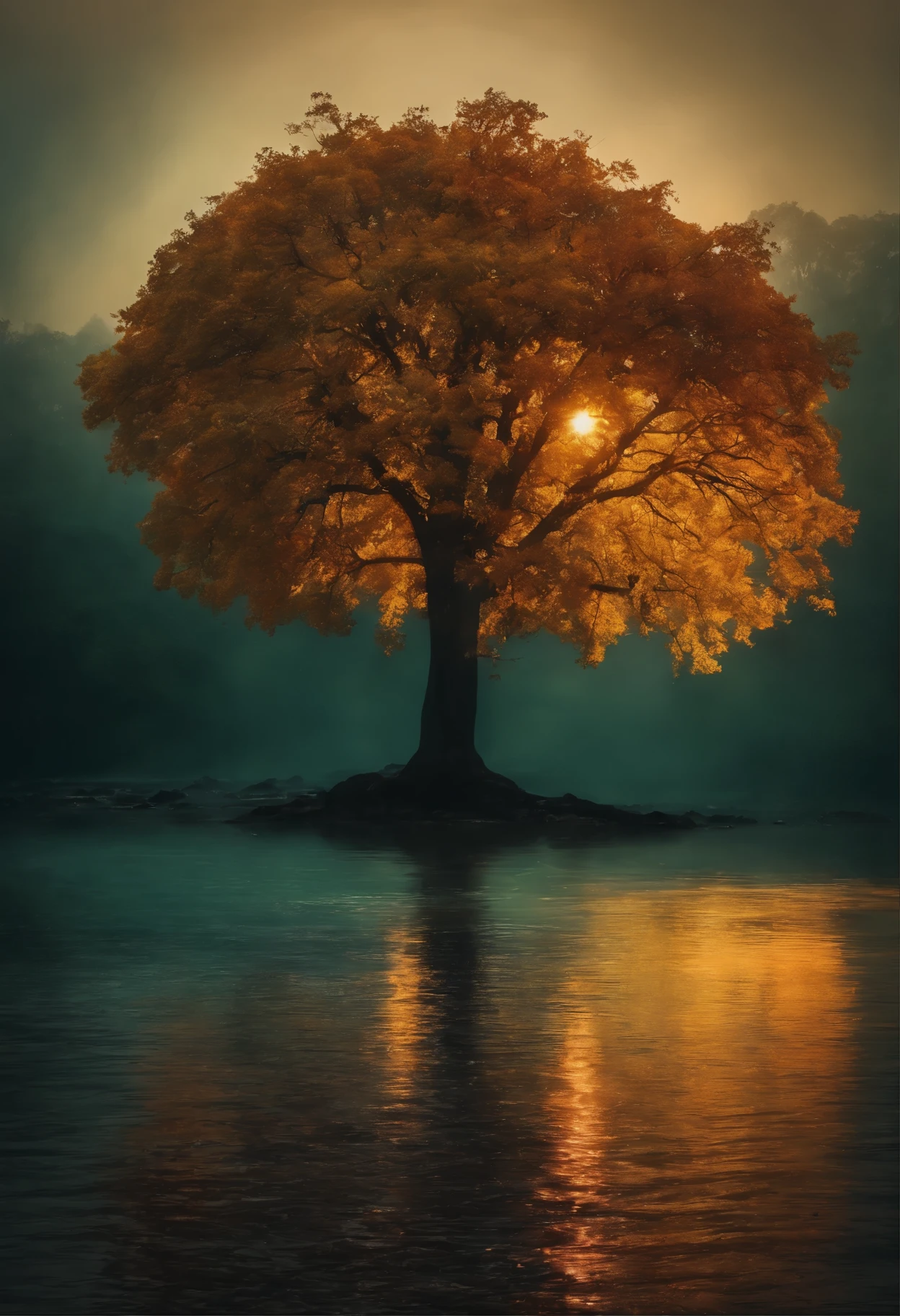 A colorful tree on a dark night, Glowing sphere style, concept art, Joel Robinson, Forms of flow, ultra high definition images, Colorful watercolor painting, dark emerald green and light amber