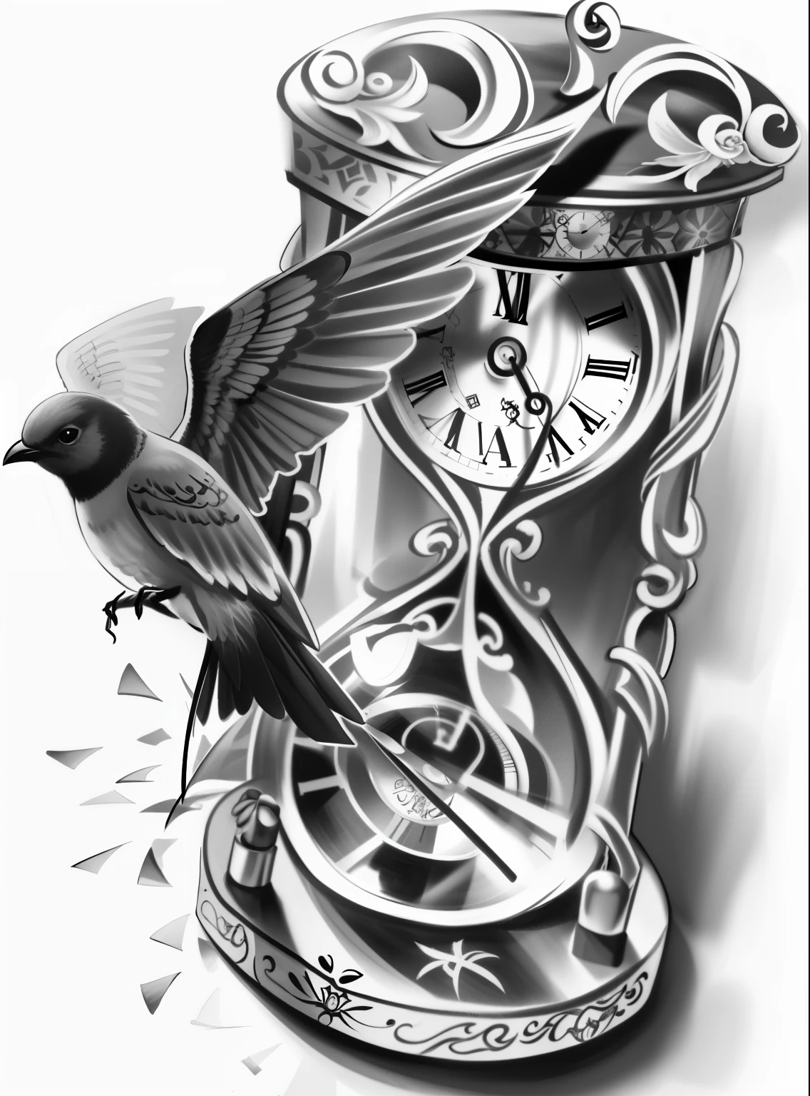 a black and white drawing of a clock, realism desenho de tatuagem, concept desenho de tatuagem, desenho de tatuagem de realismo, realism desenho de tatuagem, desenho de tatuagem, Detalhes intrincados da ampulheta, desenho 3d para tatuagem, desenho de tatuagem sketch, hyper - realistic desenho de tatuagem, desenho de tatuagem, medium sized desenho de tatuagem, desenho de tatuagemes, preto e branco realista, bird tattoo