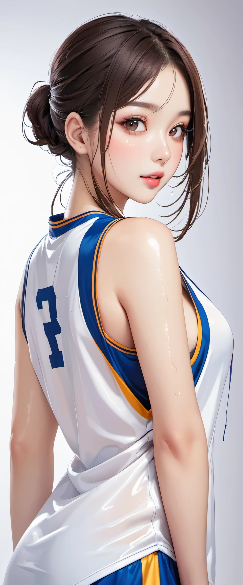 (masterpiece,highest quality,超A high resolution),japanese woman, (((Very beautiful 25 year old girl))), pretty girl、look at the photographer、 ((beautiful low ponytail)), super cute face, glossy lips, double eyelids in both eyes,natural smile、 natural makeup, long eyelashes, Shiny and smooth hair、center image, perfect limbs, perfect anatomy,(((basketball sleeveless uniform)))、,(wet with sweat),,turn around and look back