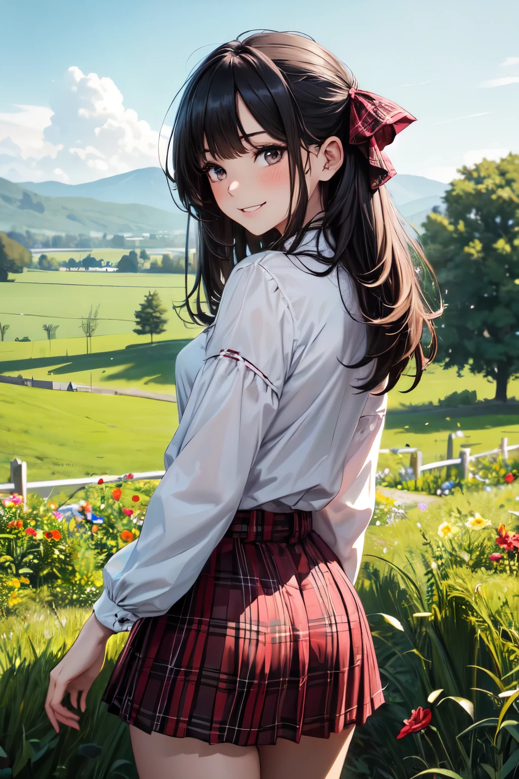 very cute and beautiful girl,(highly detailed beautiful face),(smile),blush,cowboy shot, (white blouse with detailed frills),long sleeve BREAK standing,(from behind,looking back),leaning forward,white panties,looking at viewer, hair ribbon,black hair,(scarlet plaid mini skirt:1.15) BREAK flower garden,grassland,countryside,fence, (best quality,masterpiece),absurdres,highres,ultra-detailed,extremely detailed,32k,8k resolution, intricate details,cinematic scene,detailed background,solo,dynamic angle,
