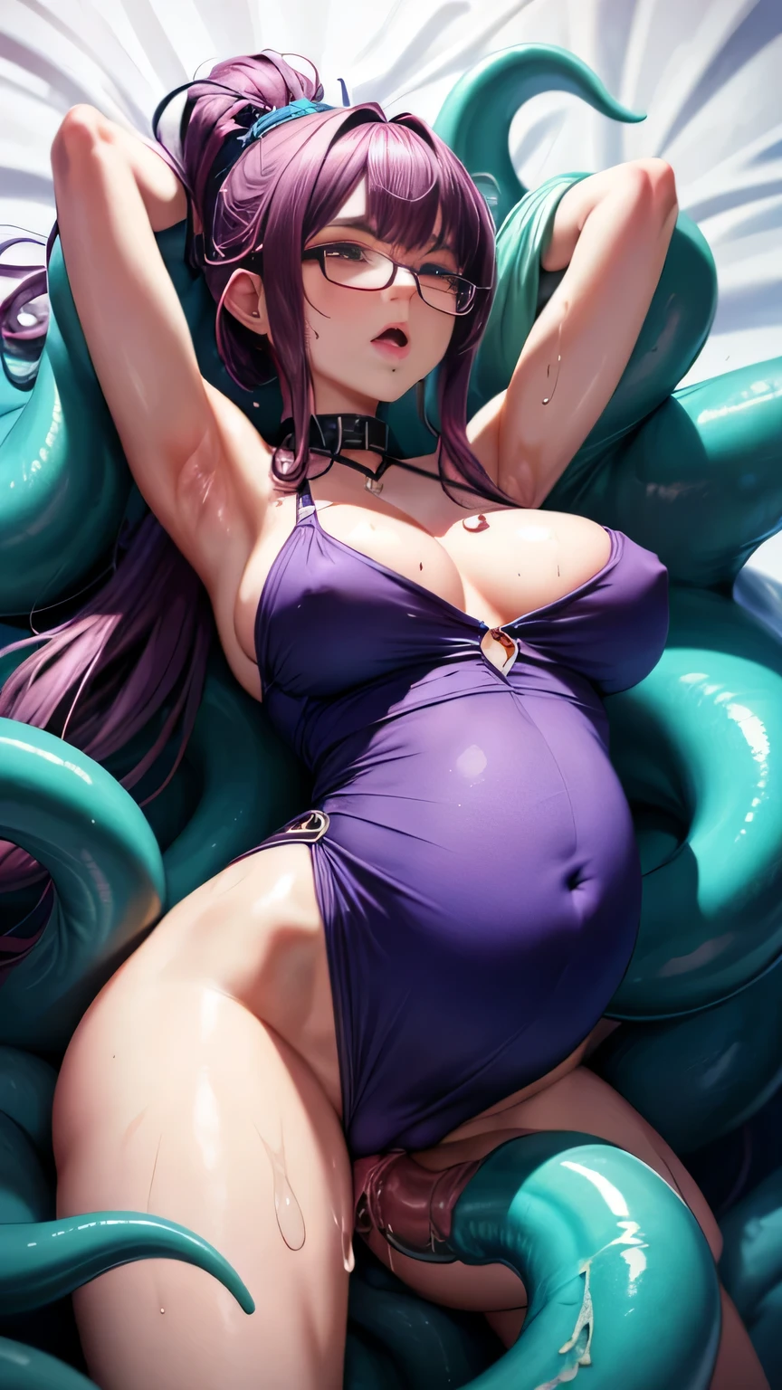 Women,wearing sexy tanktop tight,Bent over in bed , purple hair, ponytail, love pupils,big breast,sweating,dripping with semen,Spread your legs,Lactation,deepthroat,eating a large penis,sex toys,Condom Tied to the thighs, the sex organ is in the vagina, making the costume tighter,Make a Cum flows out of her vagina,Coat with lubricating fluid,Make next to it some condoms full of lubricating fluid,How hard is it to make her orgasm?,Even more hardcore,Image of a tentacle entering her vaginal opening,Make the tentacles go into the mouth,Make the tentacles bind to his body,Make the neck tied with tentacles, make the tentacles touch the vagina,Make the tentacles want to fuck him more,Make the tentacles even more aroused,deepthroat,detailed image, detailing face,Impregnation, blowjob,Cum in pussy,cum in all body,Dripping sweat, dripping with semen,eating a large penis, detailing art a large penis, tanktop wet, glasses, pregnant extremely,Sleep
