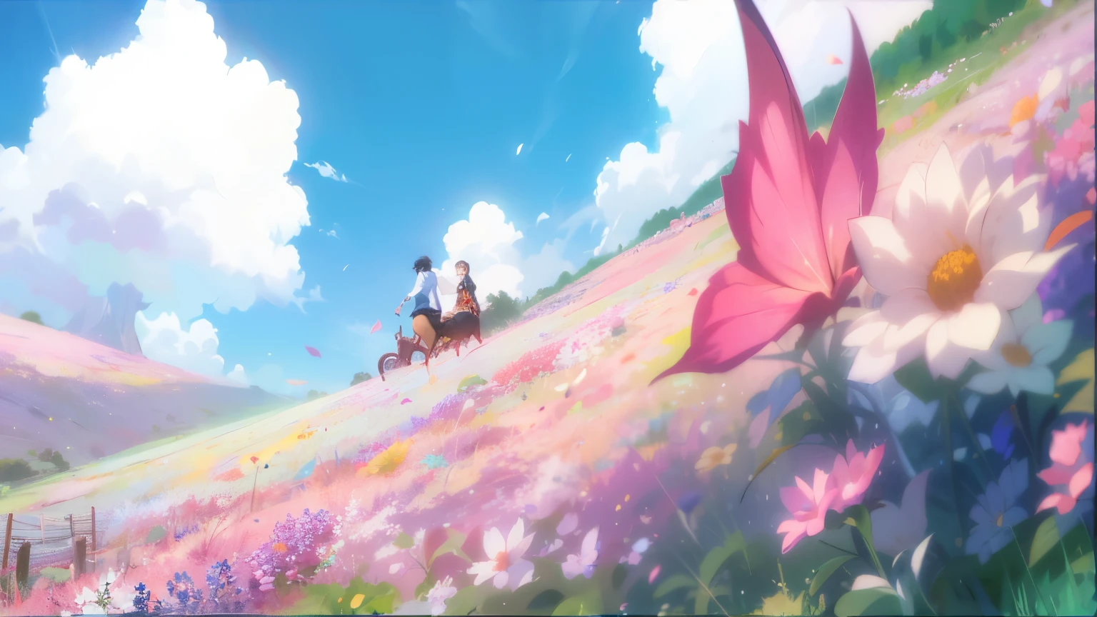 anime scene of a couple riding horses through a field of flowers, guweiz and makoto shinkai, sakimichan and makoto shinkai, anime beautiful peace scene, ( ( makoto shinkai ) ), beautiful anime scene, makoto shinkai!, artwork in the style of guweiz, by Shitao
