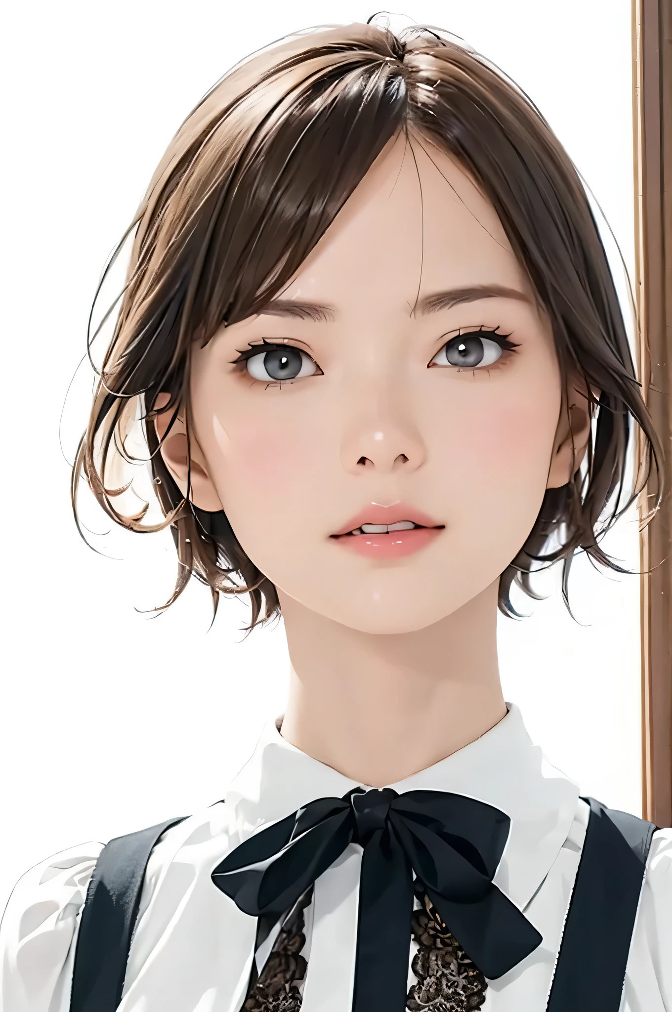 masterpiece、best image quality、Super fine、32K、look at the viewer、look straight ahead、luxury lace white blouse、short hair facing outside、light brown hair、46 points diagonal bang、highest quality、(real:1.4),ultra high resolution、 (thin and beautiful eyes:1.6)、Symmetrical、highly detailed face、perfect lighting、(perfect anatomy)、(white background:1)、hotgenic、best image quality、Characteristics of short hair、high quality、visual art、