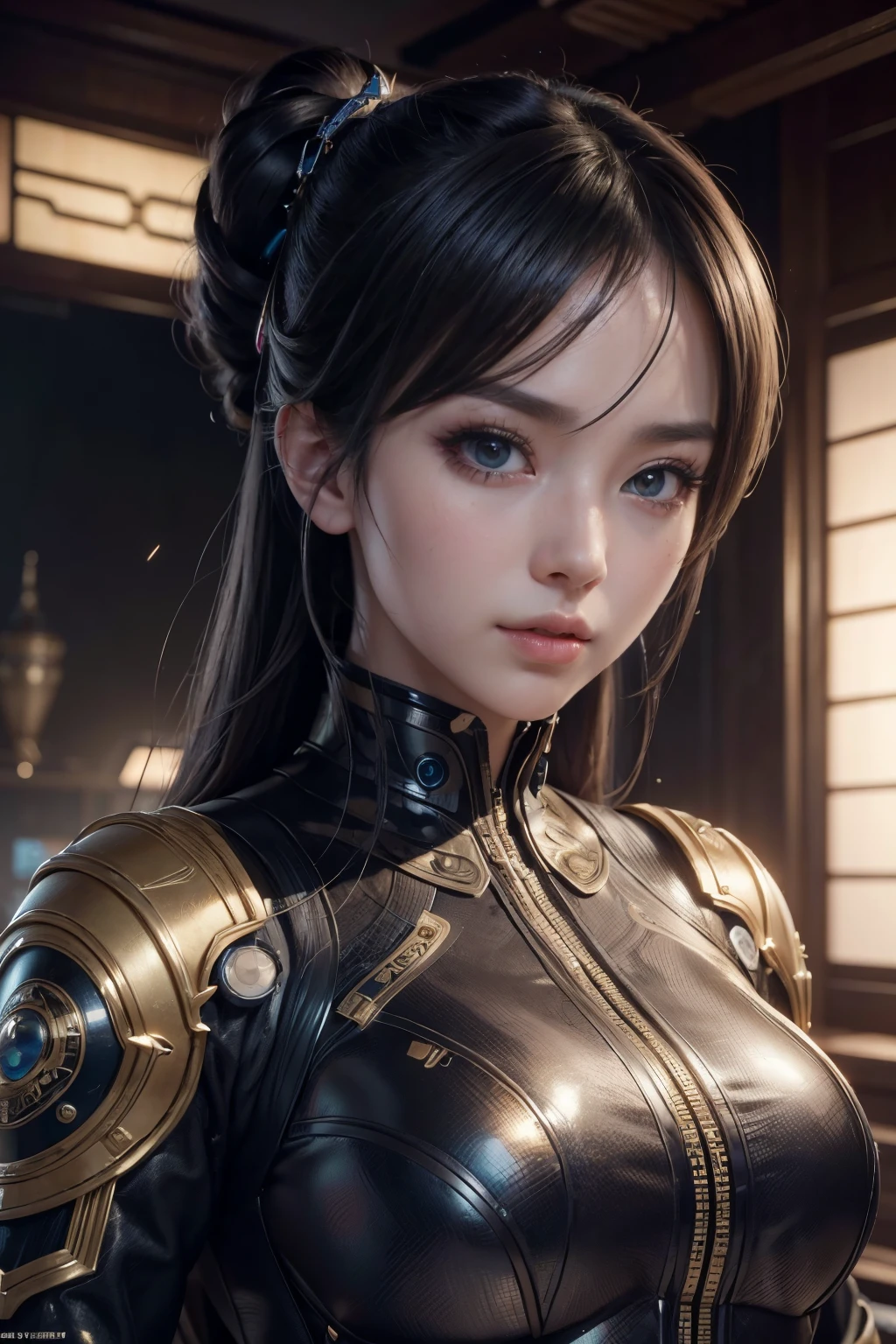 (high quality), (masterpiece), (detailed), 8K, Hyper-realistic portrayal of a futuristic (1girl1.2), Japanese character. Meticulous details bring the character to life in this visually stunning composition, showcasing the seamless blend of tradition and innovation. Trending on Artstation.