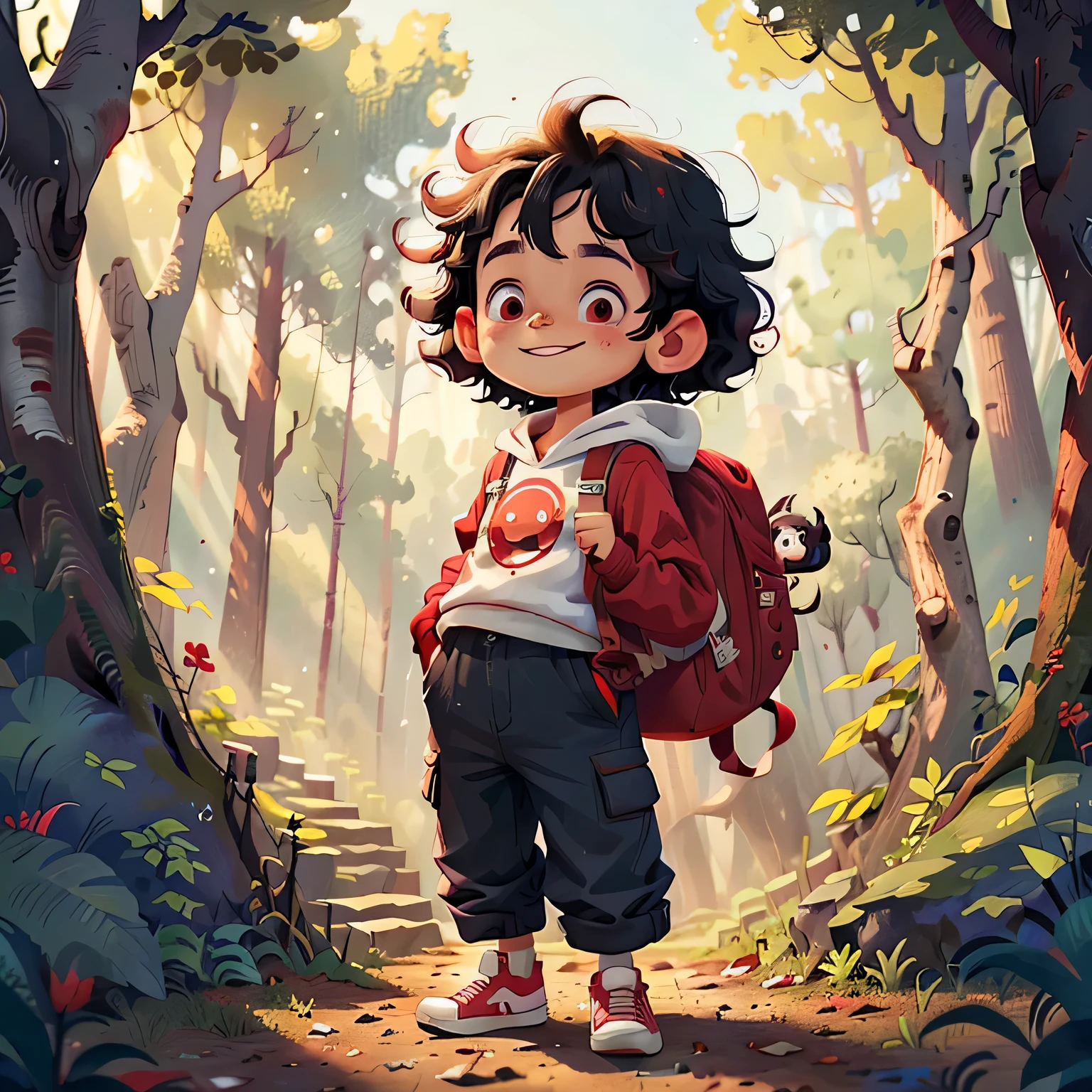 boys, black hair, long eyelashes, Smile, red ears, curls, red hoodie, brown pants, white shoes, Backpack, curiosity, big eyes, in the woods,  8K, Super details, precise, best quality, masterpiece, high detail