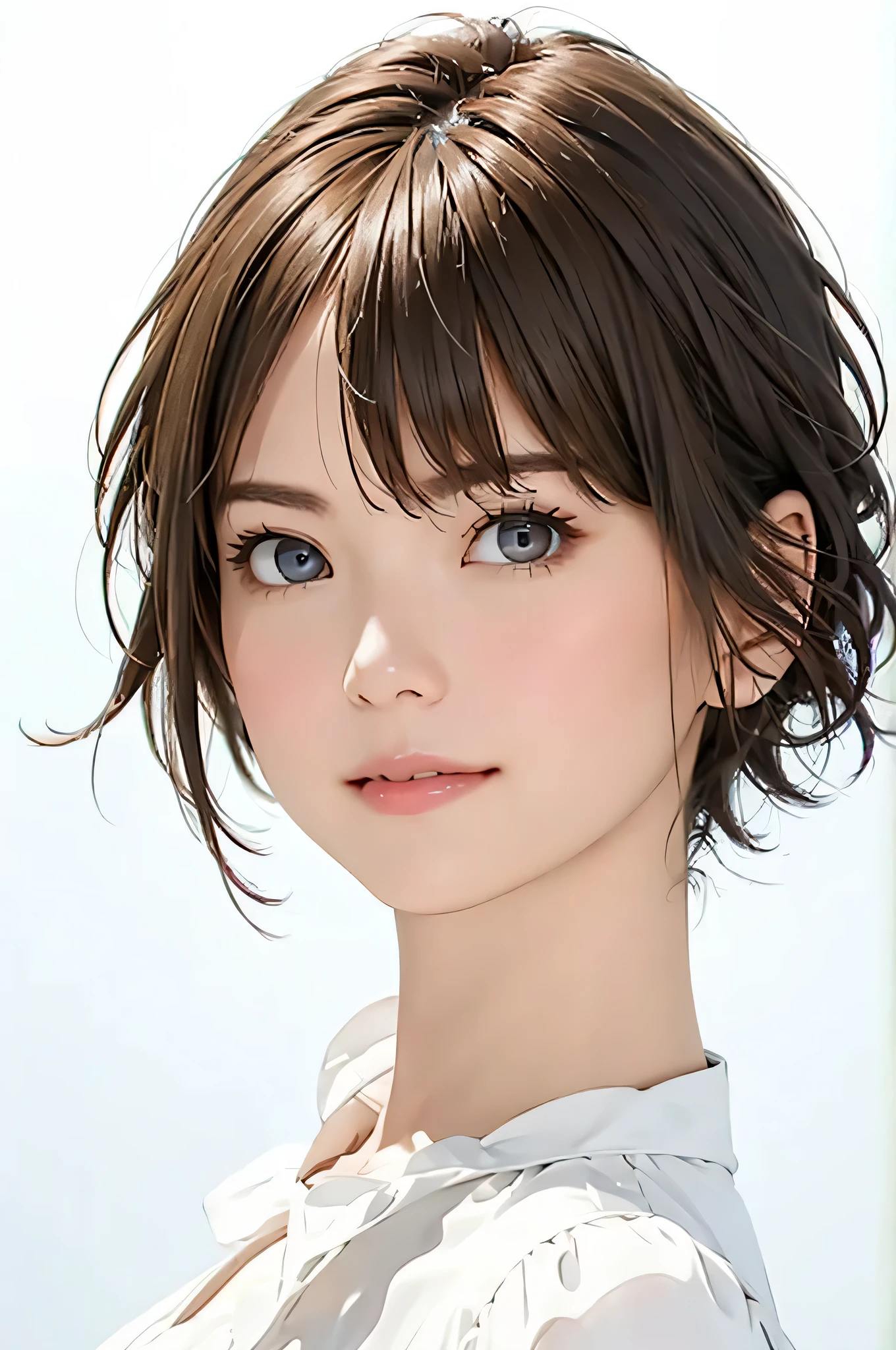 masterpiece、best image quality、Super fine、32K、look at the viewer、look straight ahead、luxury lace white blouse、short hair facing outside、light brown hair、46 points diagonal bang、highest quality、(real:1.4),ultra high resolution、 (thin and beautiful eyes:1.6)、Symmetrical、highly detailed face、perfect lighting、(perfect anatomy)、(white background:1)、hotgenic、best image quality、Characteristics of short hair、high quality、visual art、