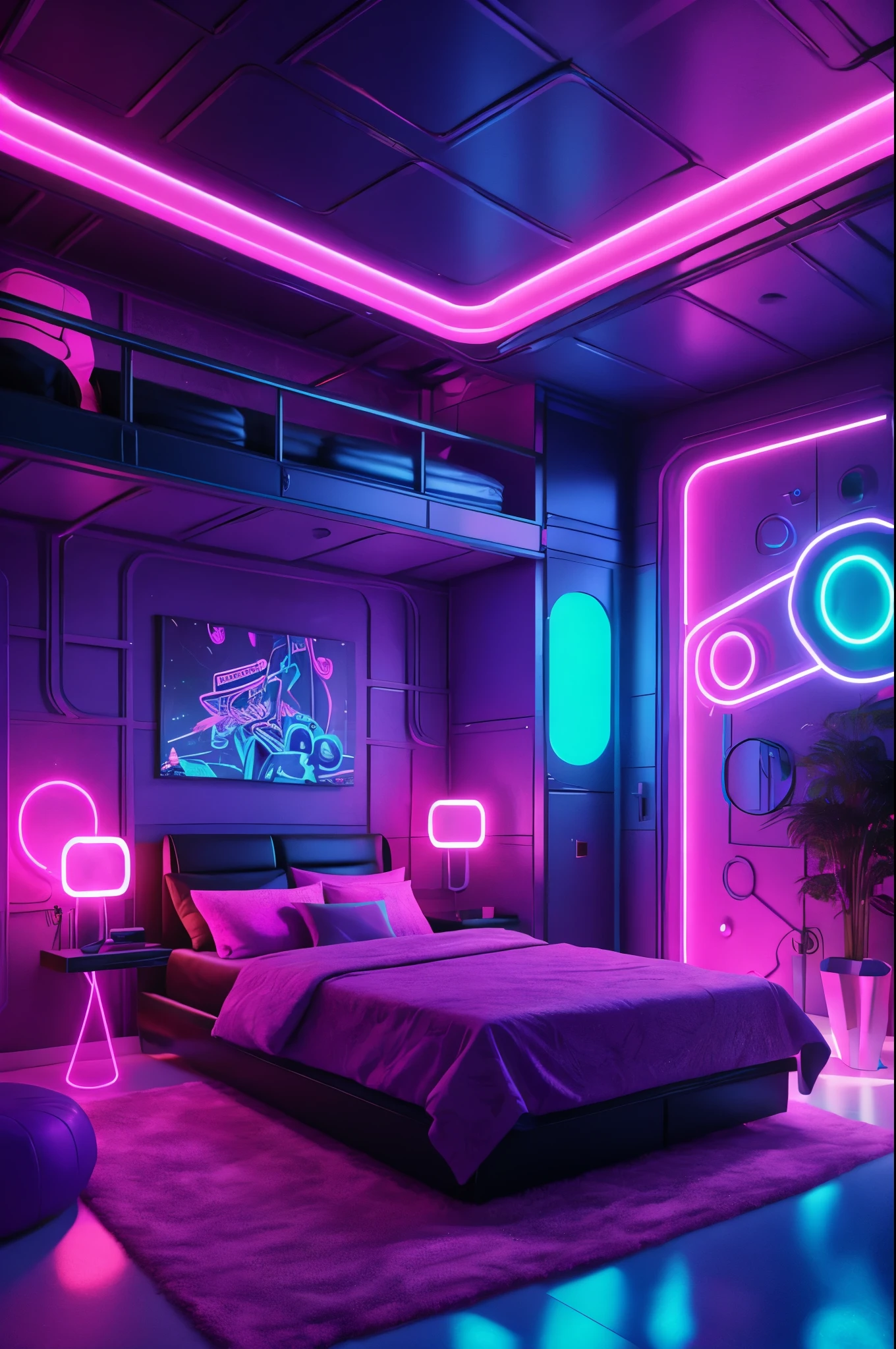 Design a captivating techno-inspired room for a vibrant filled with edgy charm and modern allure. Accentuating her youthful energy, the space is adorned with neon lights, sleek lines, and geometric patterns.
The walls are painted in matte black, contrasted by striking electric blue and hot pink accents. Glowing neon line art adorns the walls, creating an illusion of fluid movement.
A comfortable, low-profile futon bed, upholstered in electric purple fabric and neon pink accents, serves as the centerpiece. An oversized, luminescent cartoon character poster graces