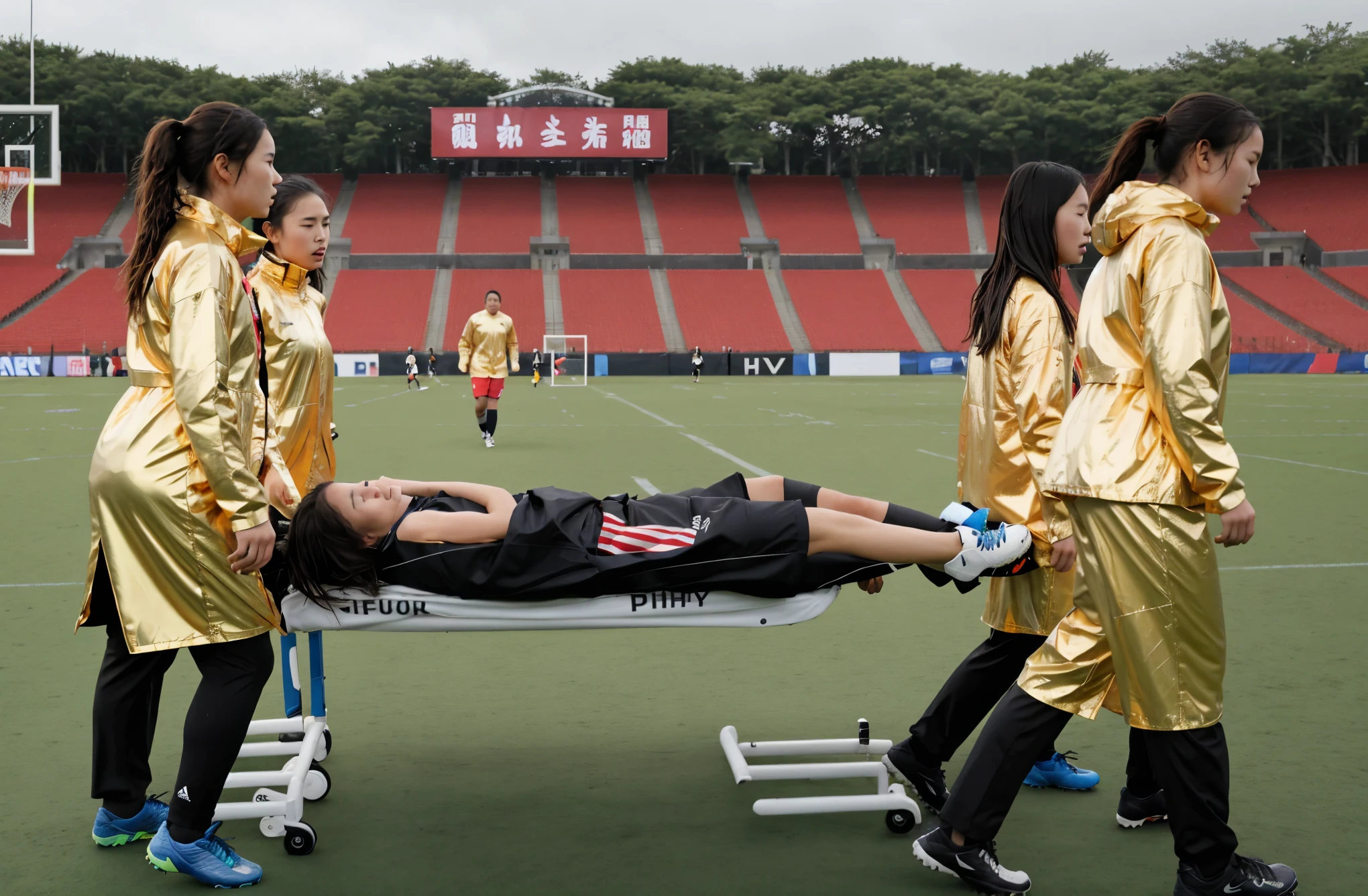Soccer player is taken away on a stretcher, There is a man lying on his back on a stretcher with his hands grabbing his hurting leg, a man in a t-shirt and sports shorts has put his hands on his injured leg, the man has an agonised face looking to the sky, two horny looking longhaired and ponytailed women that are wearing very shiny coats, there are longhaired women with horny faces wearing laquered puffy coats, longhaired women are walking in wetlook puffy coats, several women walking around a football field with an injured athlete on a stretcher, the injured athlete on the stretcher is grabbing his injured leg with both hands, the women look very worried, behind the women there is a frightening atmosphere, there is heavy rainfall in the background, video still, behind the scenes, pity, china, erotic, horny, drama, very shiny orange vinyl fabric