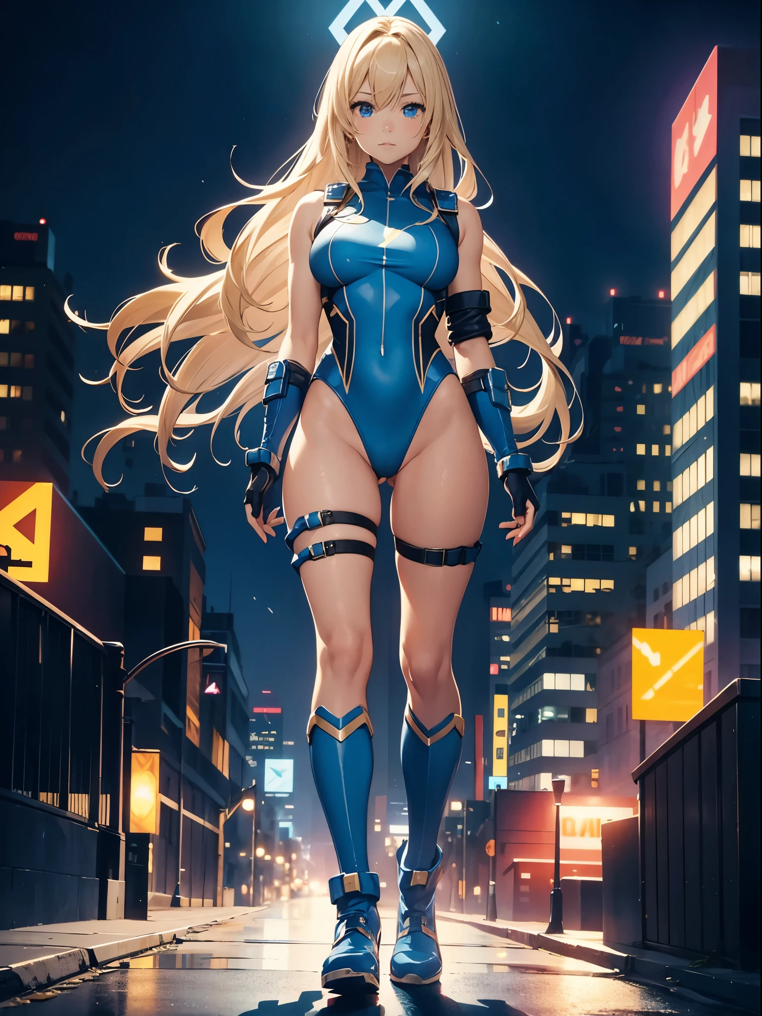 masterpiece, best quality, highres, 1girl, solo, superhero, leotard, bare legs, boots, matching boots, sleeveless, gloves, bracelets, matching gloves, looking at viewer, city backdrop, perfect hands, perfect eyes, perfect leotard, perfect legs, perfect arms, perfect fingers, blue and white leotard, blonde hair, blue eyes, medium breasts, long hair, ahoge, standing straight, hands on hip, full body shot, heroic, blue glow