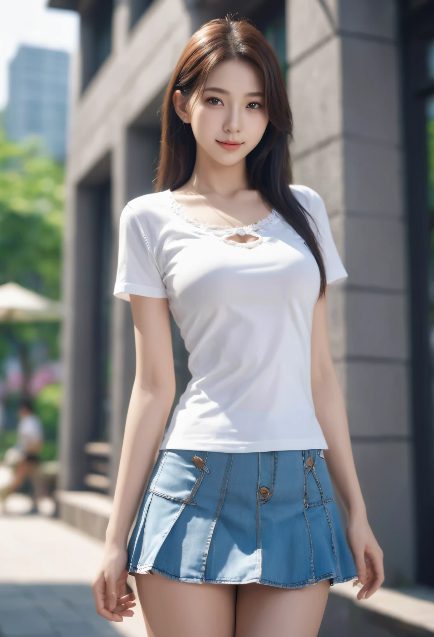 Innocent 18 year old girl、((flare miniskirt,white t-shirts,Dramatic poses)),Smile,short-cut,Park background、Raw photo, (8K、top-quality、​masterpiece:1.2)、(intricate detailes:1.4)、(Photorealsitic:1.4)、octane renderings、Complex 3D rendering ultra detail, Studio Soft Light, Rim Lights, vibrant detail, super detailing, realistic skin textures, Detail Face, Beautiful detail eyes, Very detailed CG Unity 16k wallpaper, make - up, (detailedbackground:1.2), shinny skin, Full body、From head to thigh、cleavage of the breast,((Stand with your hands on the wall with emphasis on your chest))