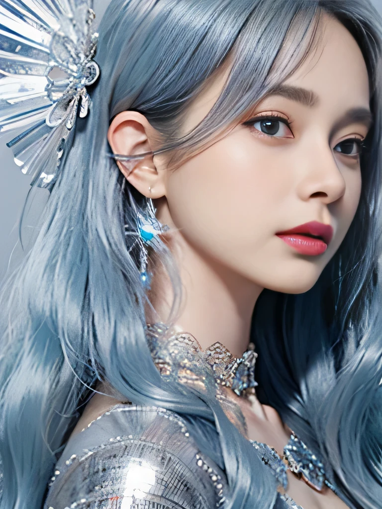 ４K、she is a wind fairy、angel wings on the back、blue eyes、Dress that shows your collarbones、blue sky background、close up of face、gray hair、big feathers、Blue and white background、platinum decoration、platinum earrings、platinum necklace、Platinum Silver Hair、platinum silver eyebrows、flashy decoration、random hairstyle、white and blue、smile、clear white skin、