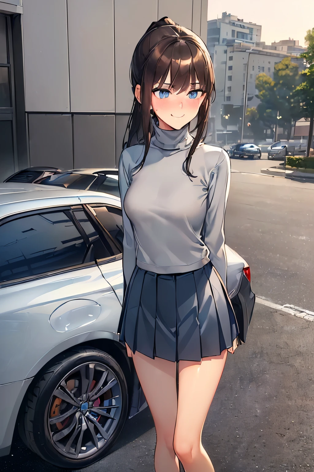 (((medium breasts))), ((best quality)), ((masterpiece)), ((detailed)), (((perfect face))), ((((slender  teengirl walking)))), (((((topless))))), (((dark blue pleated skirt from waist to thighs))), (((short ponytail))), (((blue eyes))), (((brown hair))), ((shy:1.3)), ((blushing:1.5)), ((skinny thighs)), ((skinny hips)), (((bare arms))), (((bare shoulders))), (((bare stomach))), ((((girl looking away)))), (((black car, trees in background)))