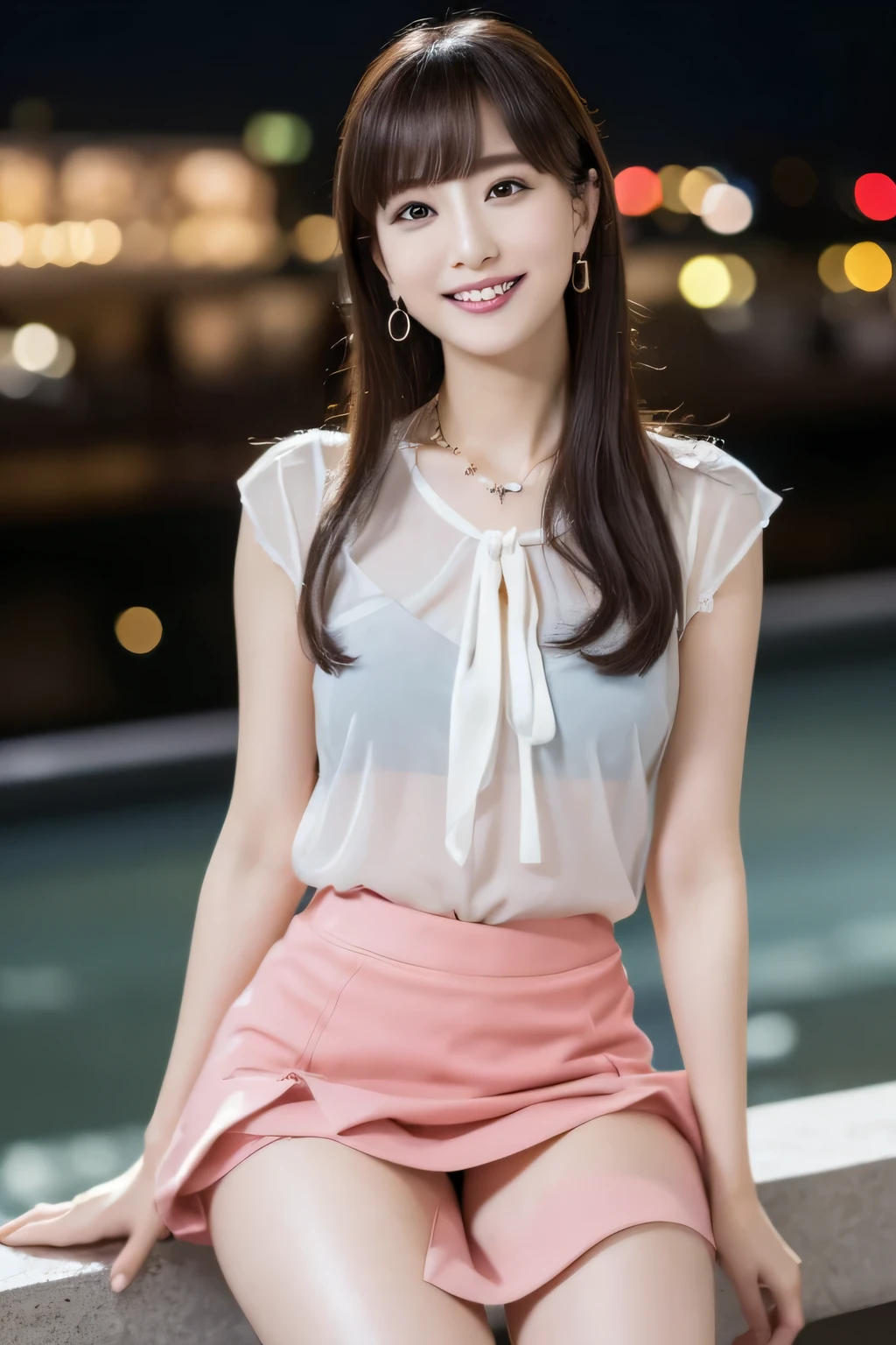 (8K, Raw photo, highest quality, masterpiece:1.5), Super detailed, ultra high resolution, 8k wallpaper, huge file size, (realistic, realistic Photo:1.37), Beautiful girl very knowledgeable, highly detailed face, very fine eyes, very fine skin, very fine fingers, very small nose, Highly detailed detailed mouth, highly detailed background, very detailed costume, perfect anatomy, Anatomically perfect hands, (whole body from thighs:1.8), (1 person), 25歳の日本のbeautiful actress, (young face), (perfect body:1.1), pure erotic face, slender body, slender body shape, The beauty of slim abs, Fair skin, glowing skin, ruddy skin, long and thin legs, light brown delicate soft hair, feminine adult french bob, layer cut, (dull bangs:1.2), natural smile, beautiful teeth, beautiful small face, realistic face, beautiful actress'natural makeup, eyes with long eyelashes, charming brown eyes, Plump and glossy pink lips, My cheeks turned red, necklace, earrings, beautiful and detailed eyes, very fine skin, well-shaped small breasts, Cute little pink areolas, plump ass, ((Gray see-through blouse, unbutton a blouse, pink floor skirt, Completely naked, I can see your nipples:1.2)), ((night entertainment district:1.5)), Walk happily, great atmosphere, ((dazzling thighs, roll up the skirt to the top:1.5)), tilt your head a little, Above the knee taken from the front, dynamic lighting